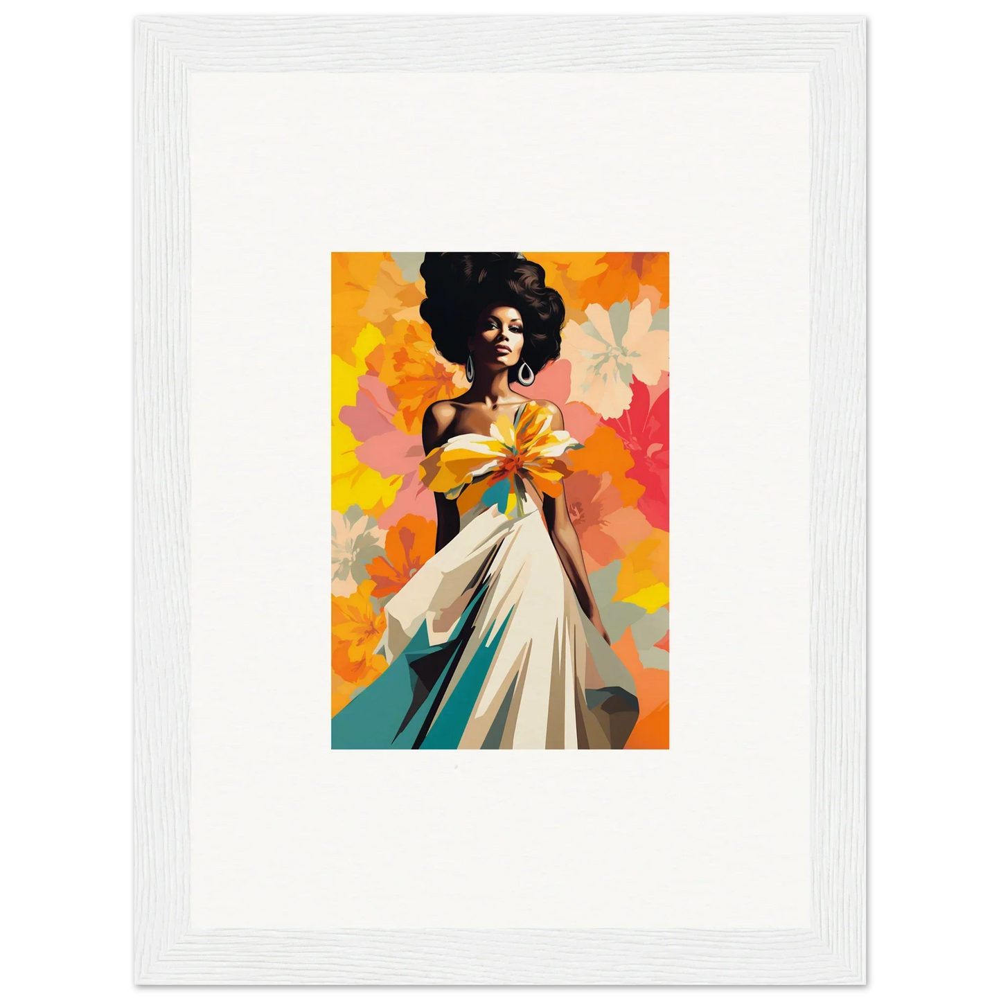 Vibrant painting of a figure in a white dress, showcasing Ecstasy Kaleidoscope Draped