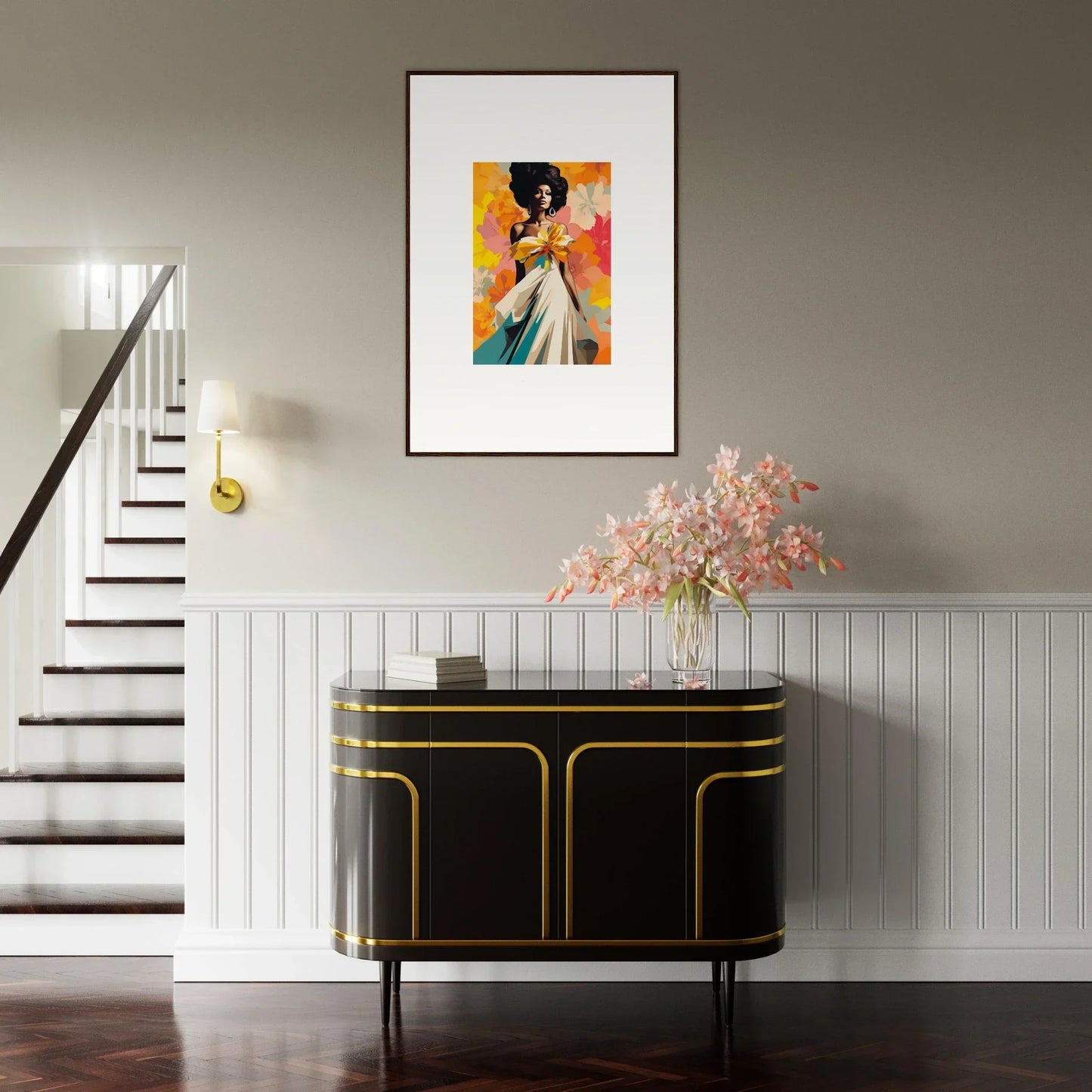 Art Deco black cabinet with gold trim and curves, perfect for Ecstasy Kaleidoscope Draped