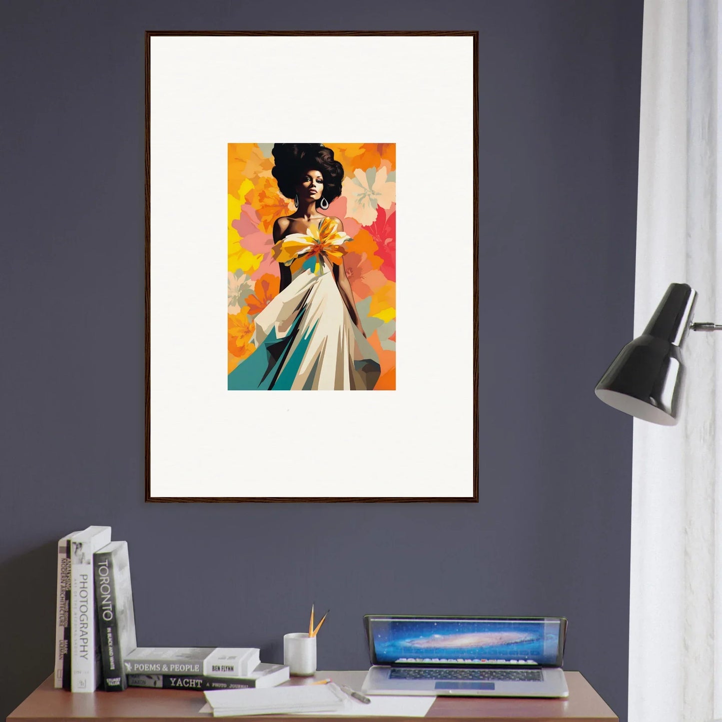 Framed portrait of a figure in white dress with Ecstasy Kaleidoscope Draped background