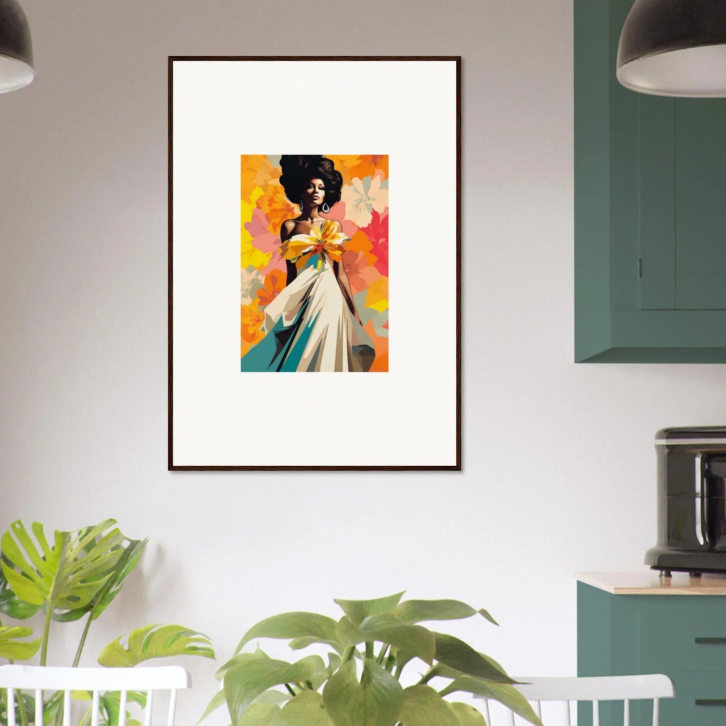 Framed Ecstasy Kaleidoscope Draped artwork of a woman in a white dress on vibrant colors