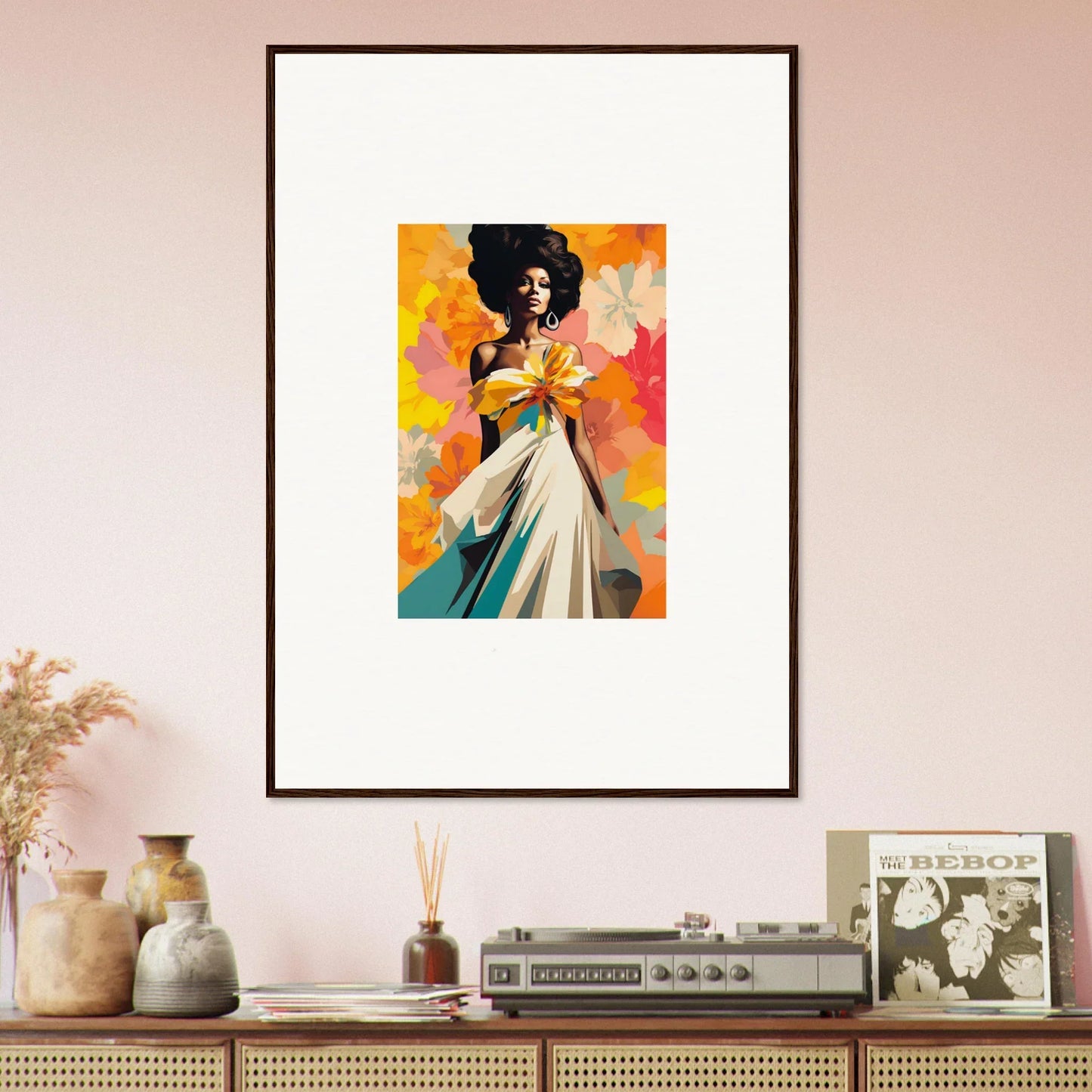 Vibrant artwork of a figure in a white dress, part of Ecstasy Kaleidoscope Draped