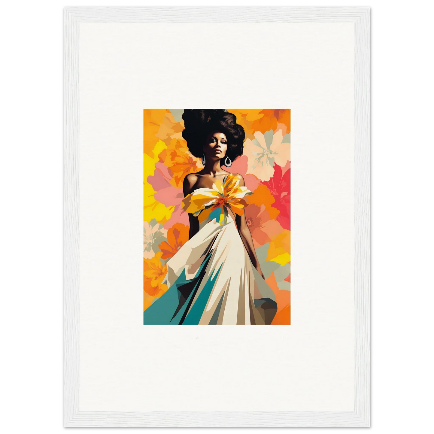 Vibrant art of a figure in white dress and afro with colorful florals for Ecstasy Kaleidoscope Draped