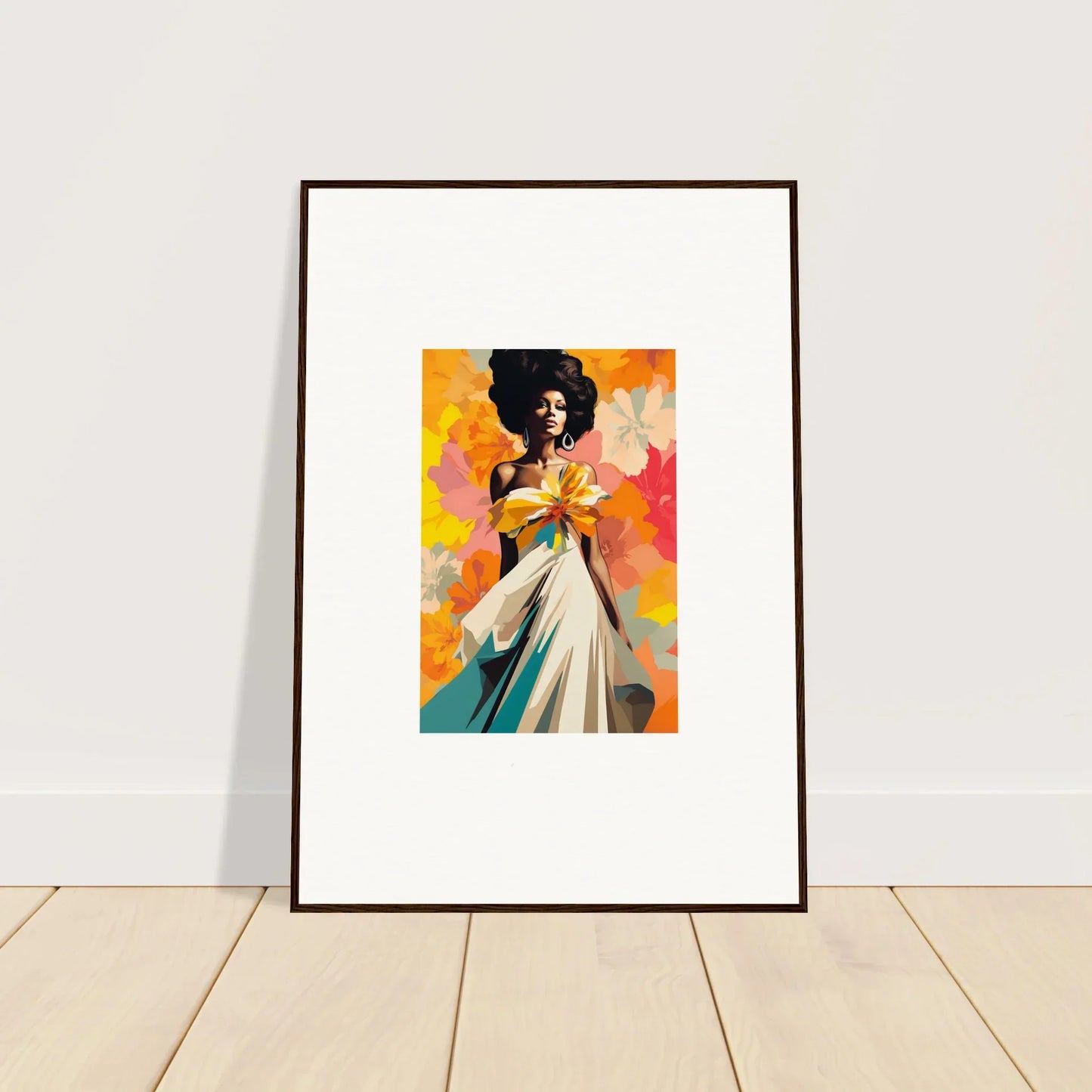 Vibrant watercolor portrait in white dress set against orange, pink; Ecstasy Kaleidoscope Draped