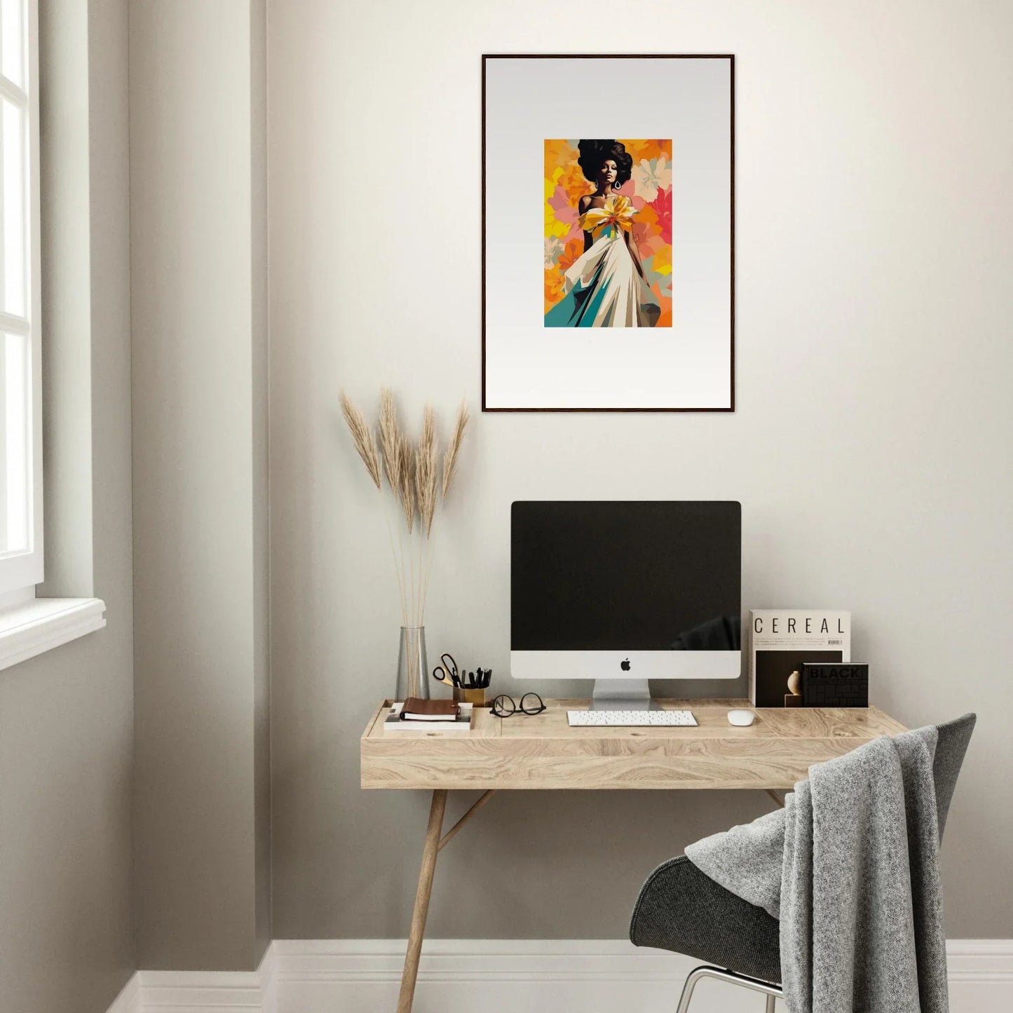 Simple wooden desk with iMac and Ecstasy Kaleidoscope Draped artwork above it