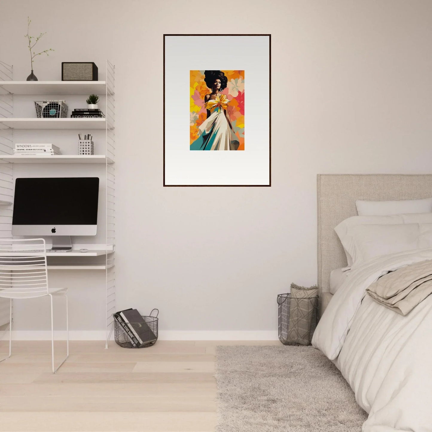 Framed retro artwork of a figure in vibrant orange and red, Ecstasy Kaleidoscope Draped