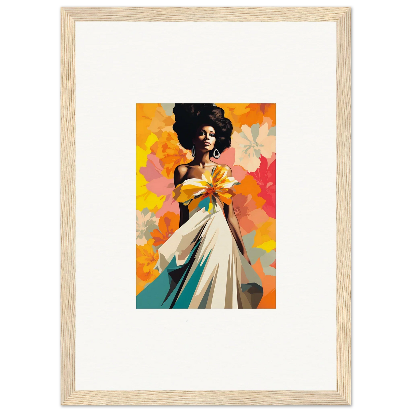 Framed Ecstasy Kaleidoscope Draped artwork of a figure in a white dress with vibrant colors