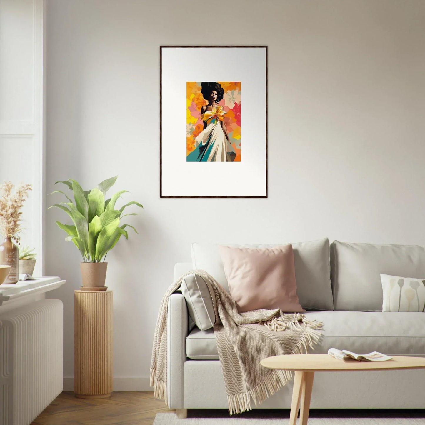 Framed artwork of Ecstasy Kaleidoscope Draped with a figure in a white dress on orange