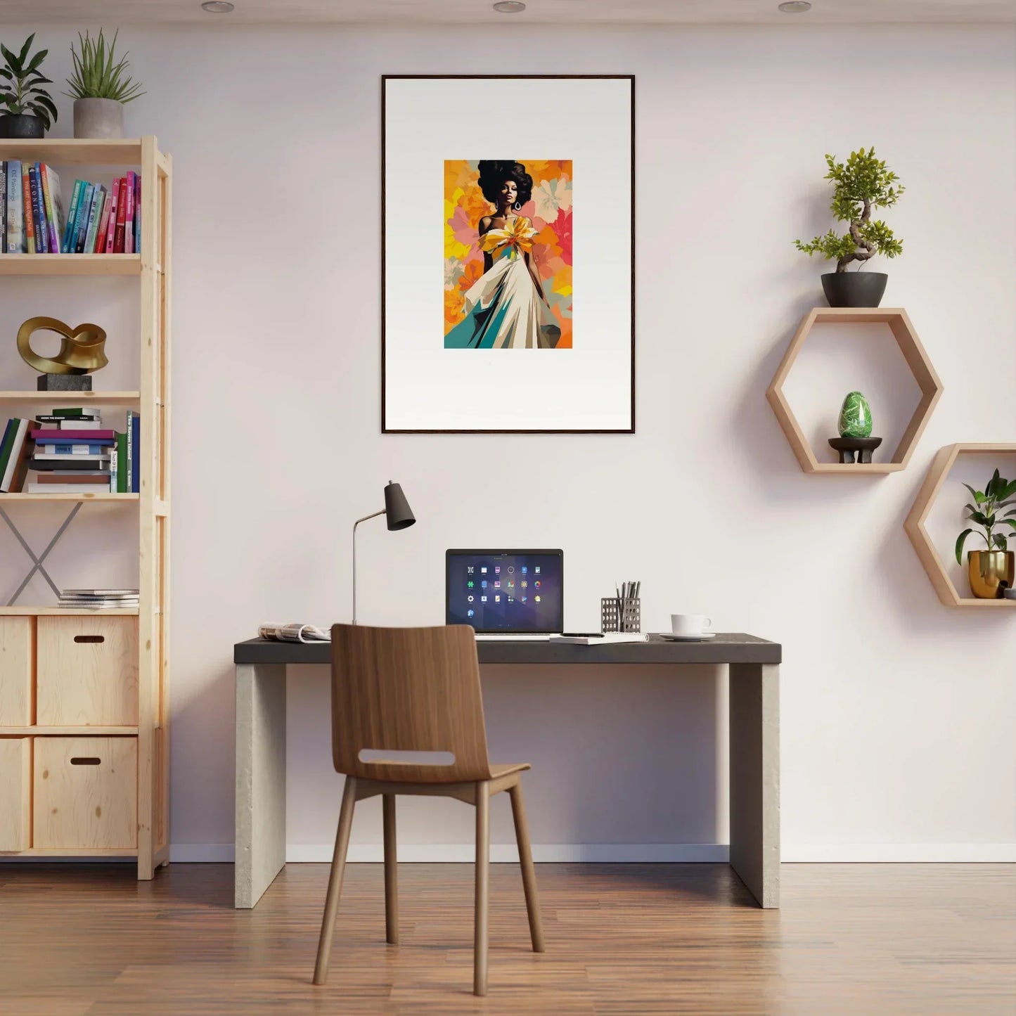 Modern home office featuring Ecstasy Kaleidoscope Draped decor with dark desk and wooden chair