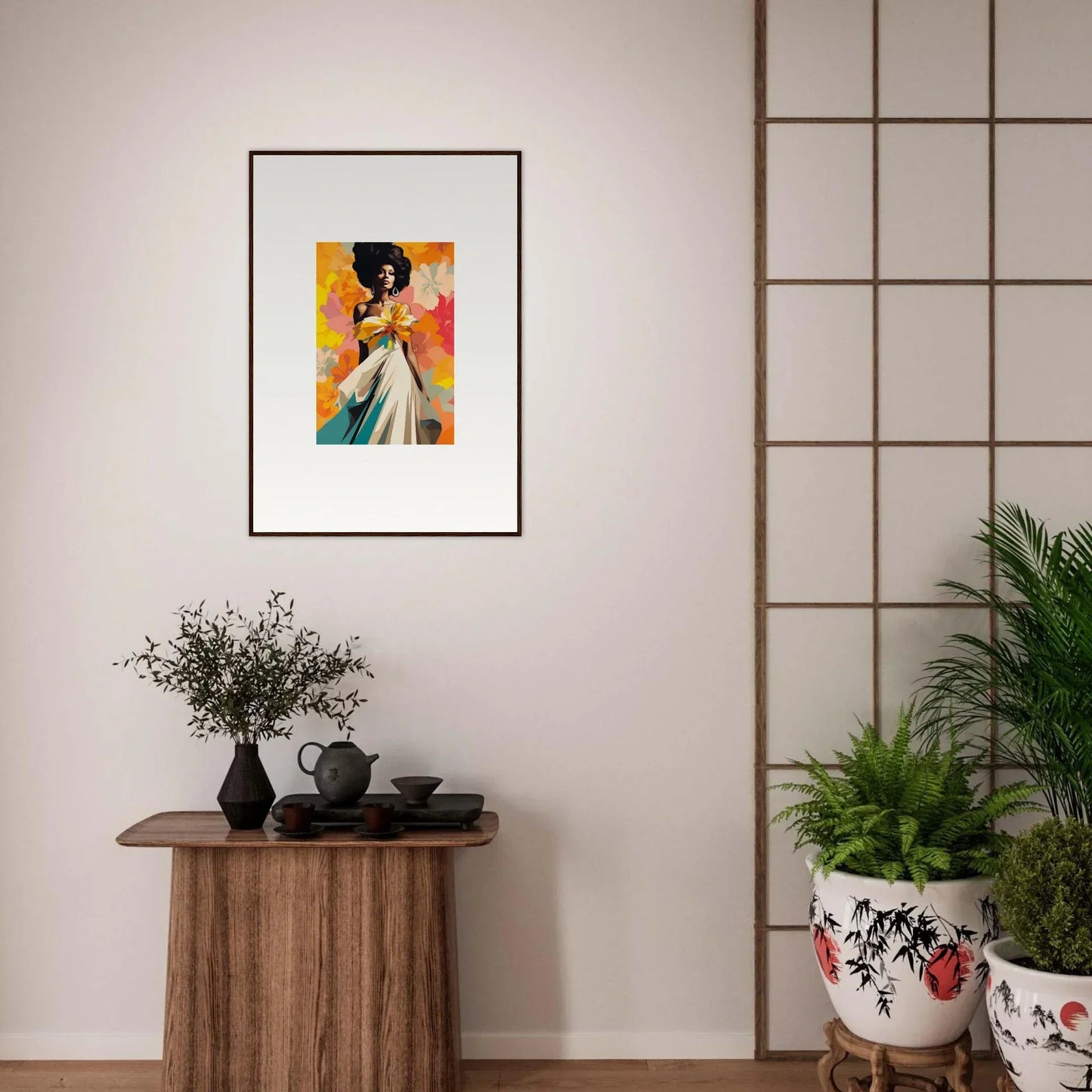 Framed Ecstasy Kaleidoscope Draped art print of a figure in a dress on an orange backdrop