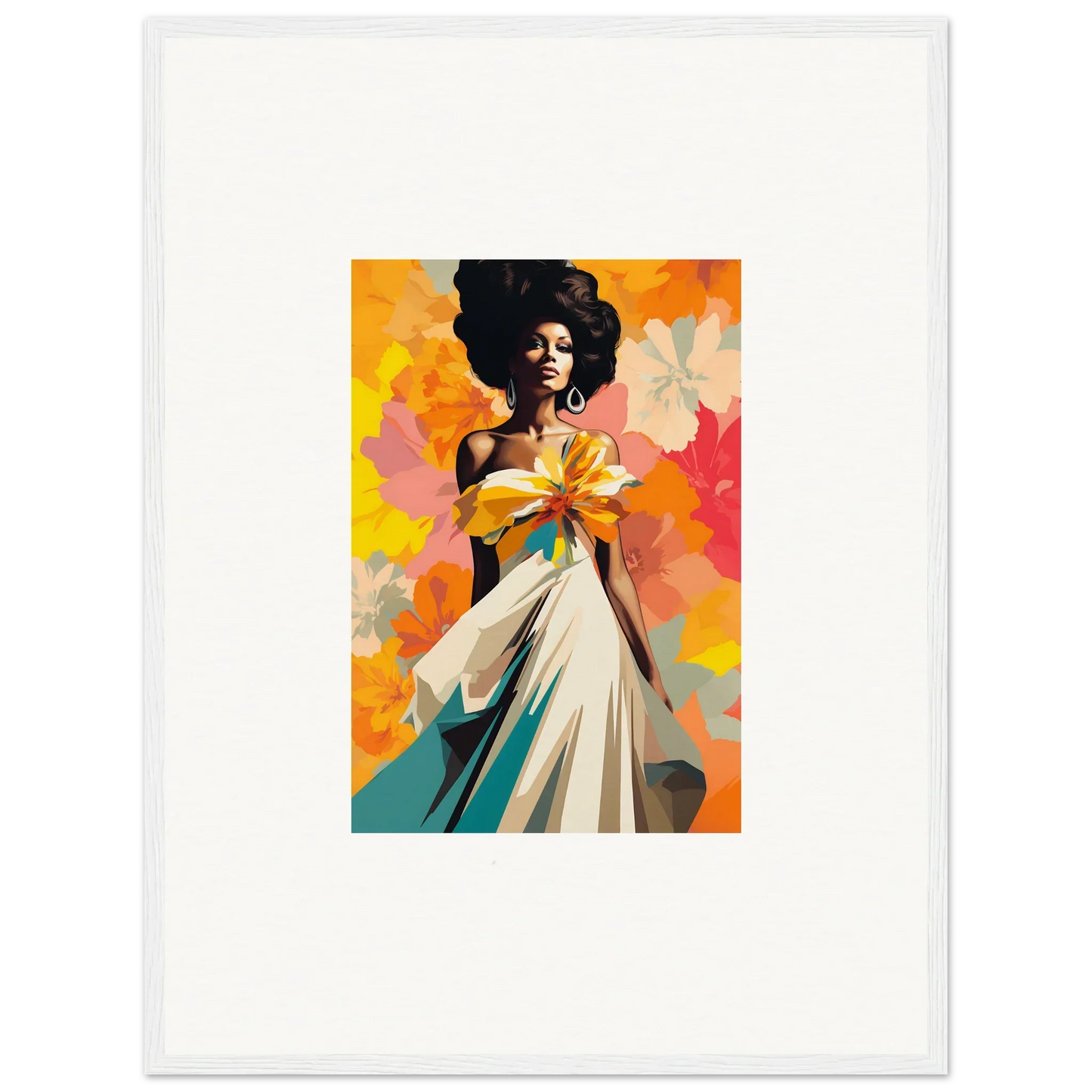 Vibrant art of a woman in a white dress, highlighting Ecstasy Kaleidoscope Draped