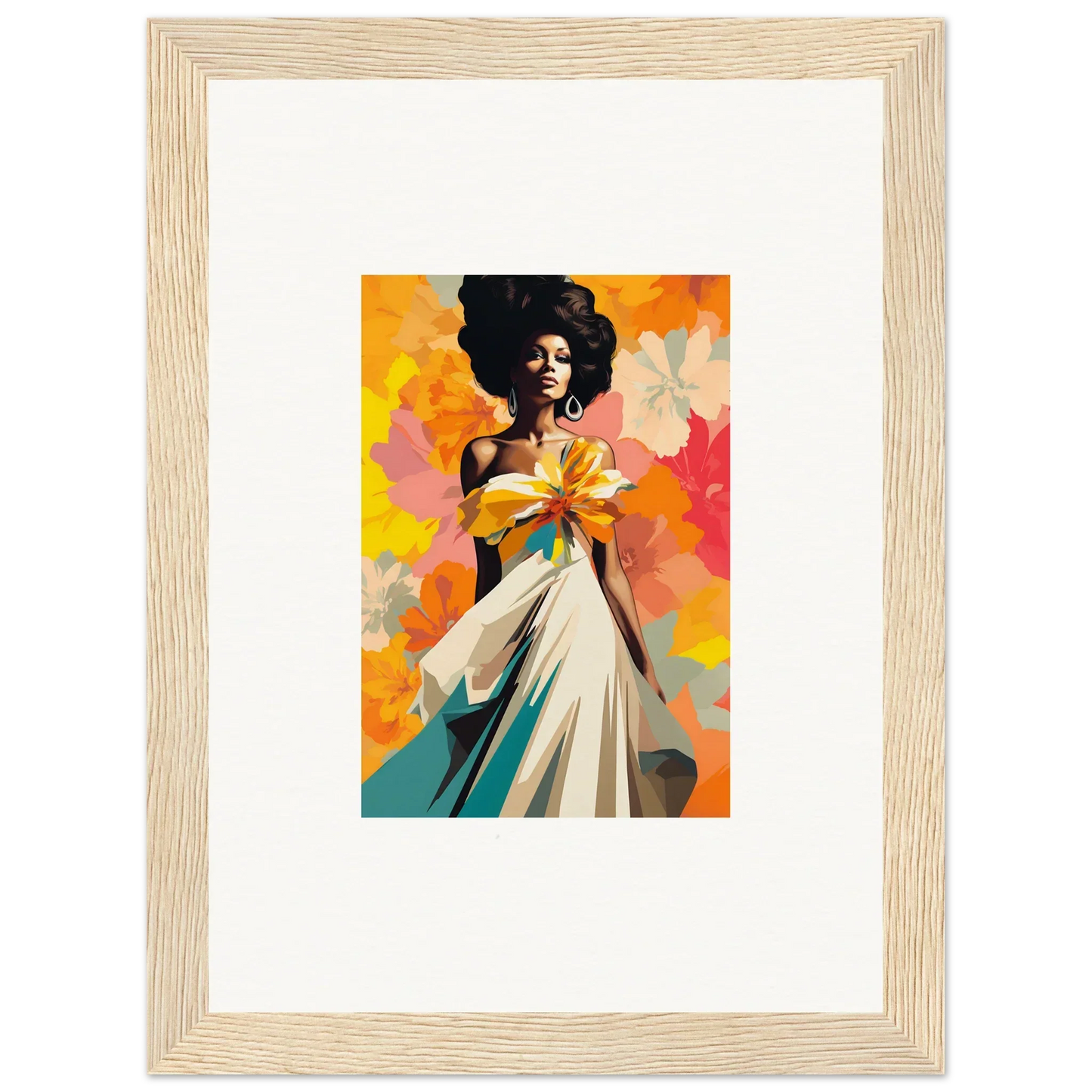 Vibrant artwork of a figure in a white dress for Ecstasy Kaleidoscope Draped