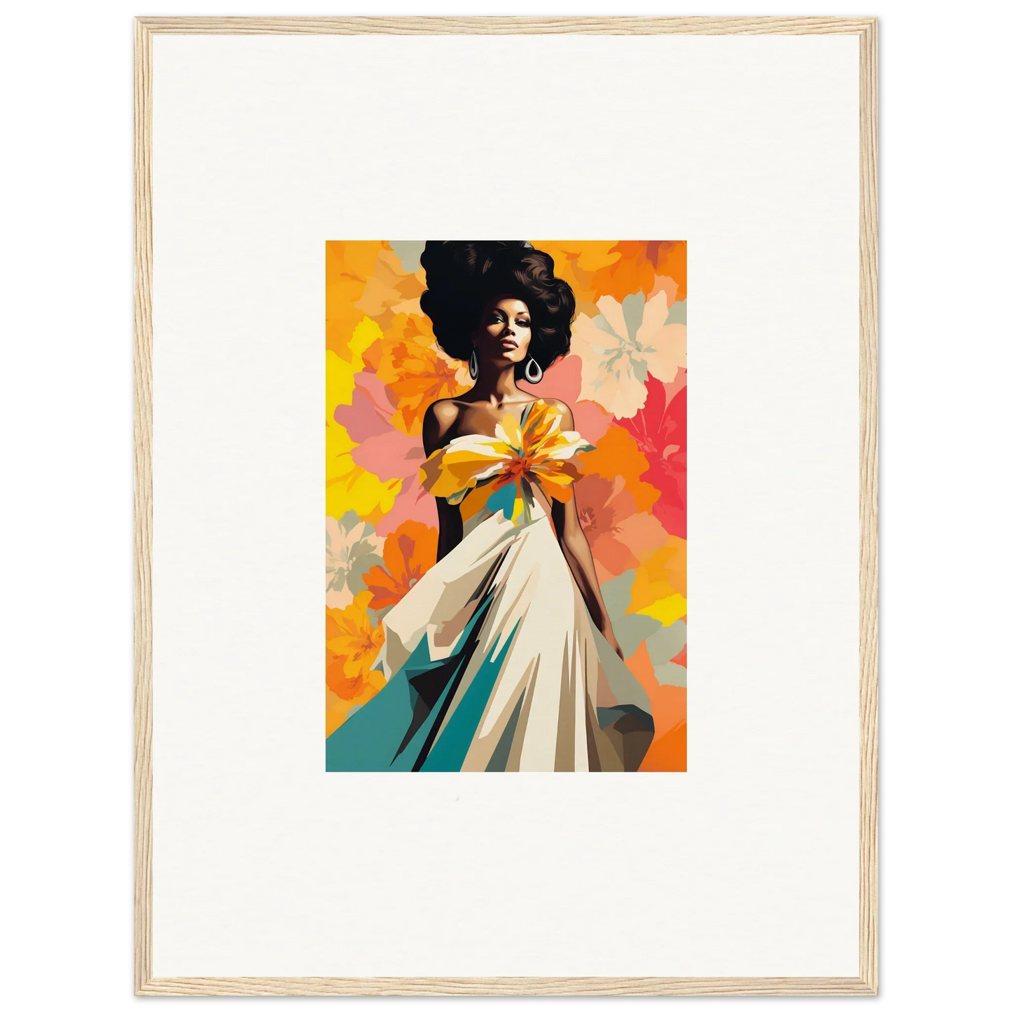 Framed art of figure in white dress and afro, inspired by Ecstasy Kaleidoscope Draped