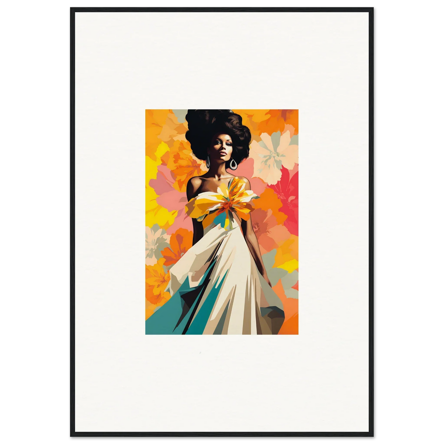 Stylized painting of a woman in an elegant white dress, featuring Ecstasy Kaleidoscope Draped