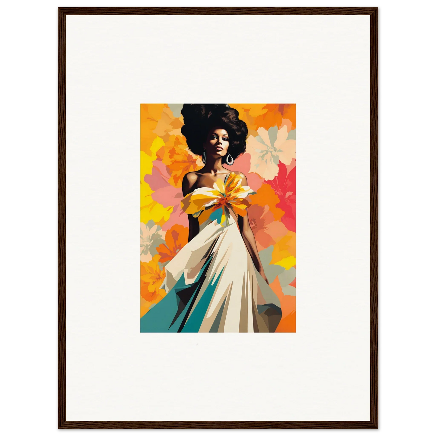 Vibrant painting of figure in white dress with yellow bow from Ecstasy Kaleidoscope Draped