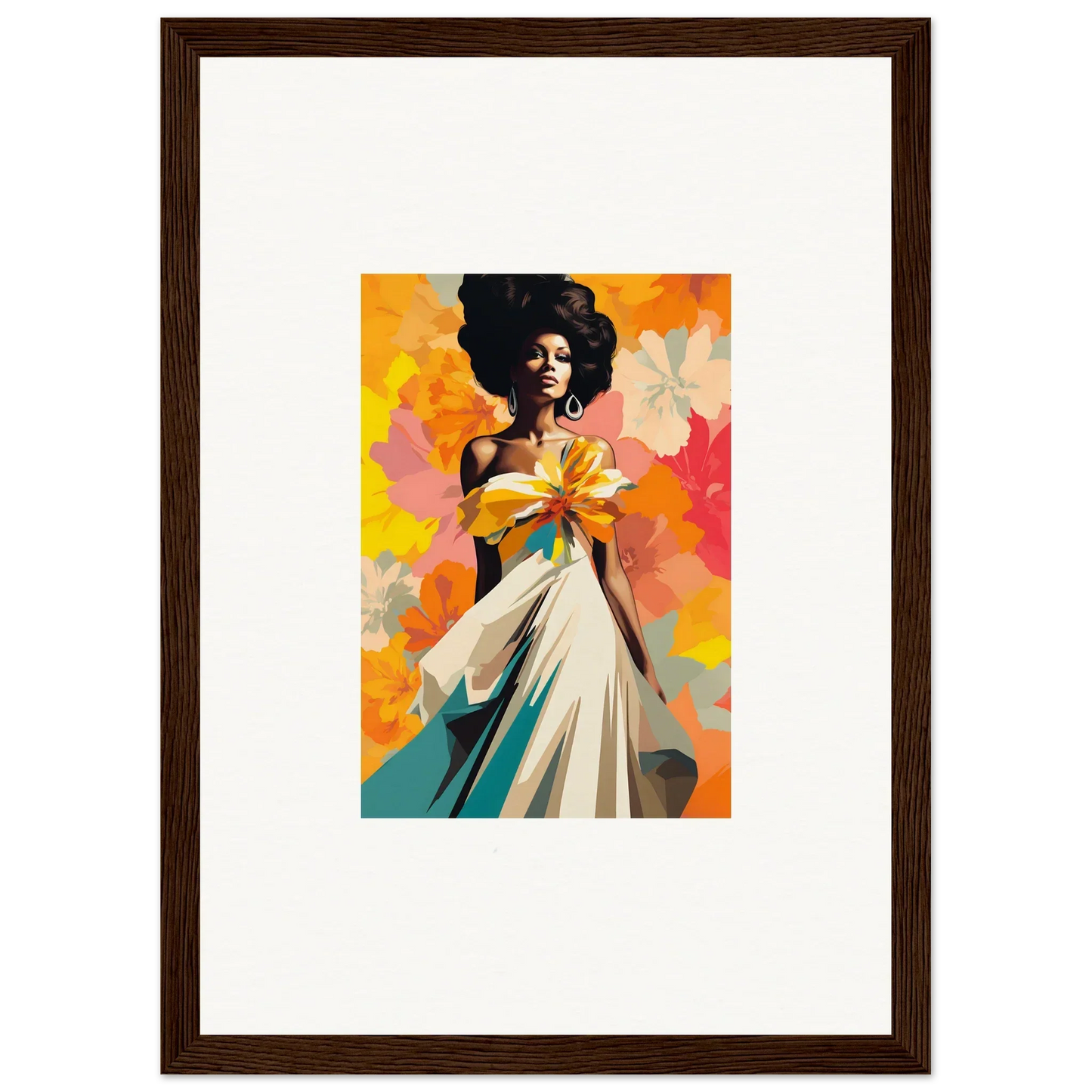 Framed Ecstasy Kaleidoscope Draped artwork in vibrant colors featuring a figure in a white dress