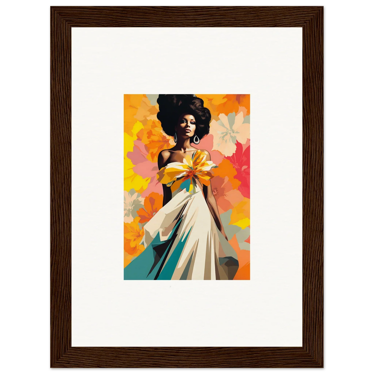 Framed Ecstasy Kaleidoscope Draped artwork featuring a figure in a dress with vibrant colors
