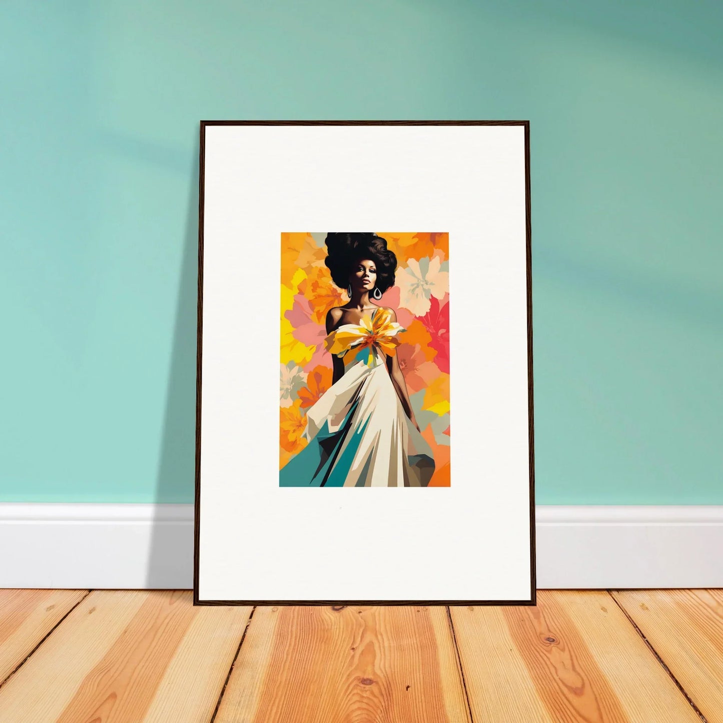 Framed Ecstasy Kaleidoscope Draped artwork with vibrant portrait and colorful background