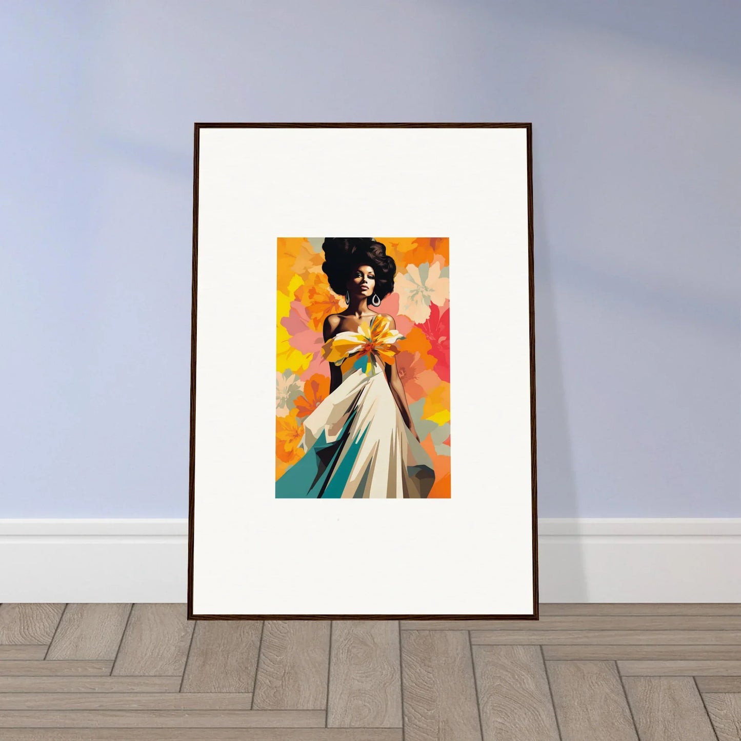 Framed artwork of a colorful portrait in orange and yellow from Ecstasy Kaleidoscope Draped
