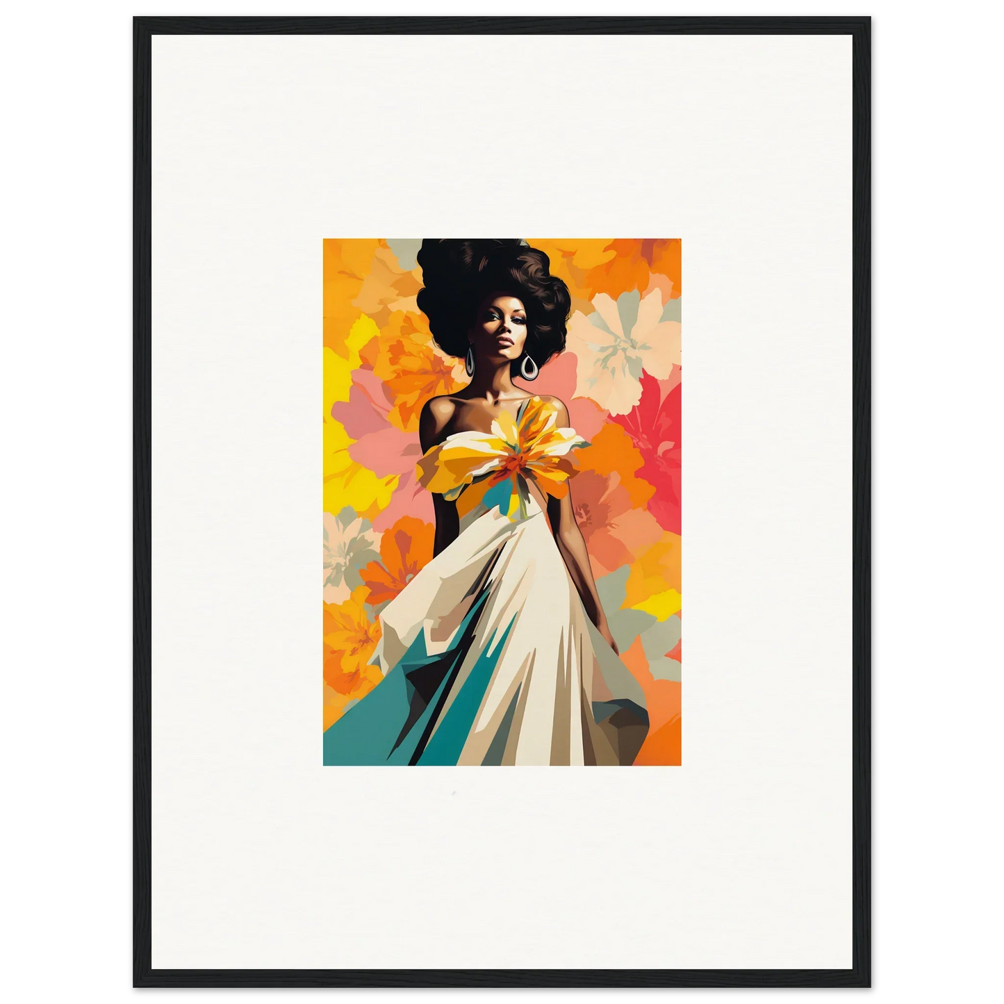 Stylized portrait of a figure in white dress with afro, showcasing Ecstasy Kaleidoscope Draped