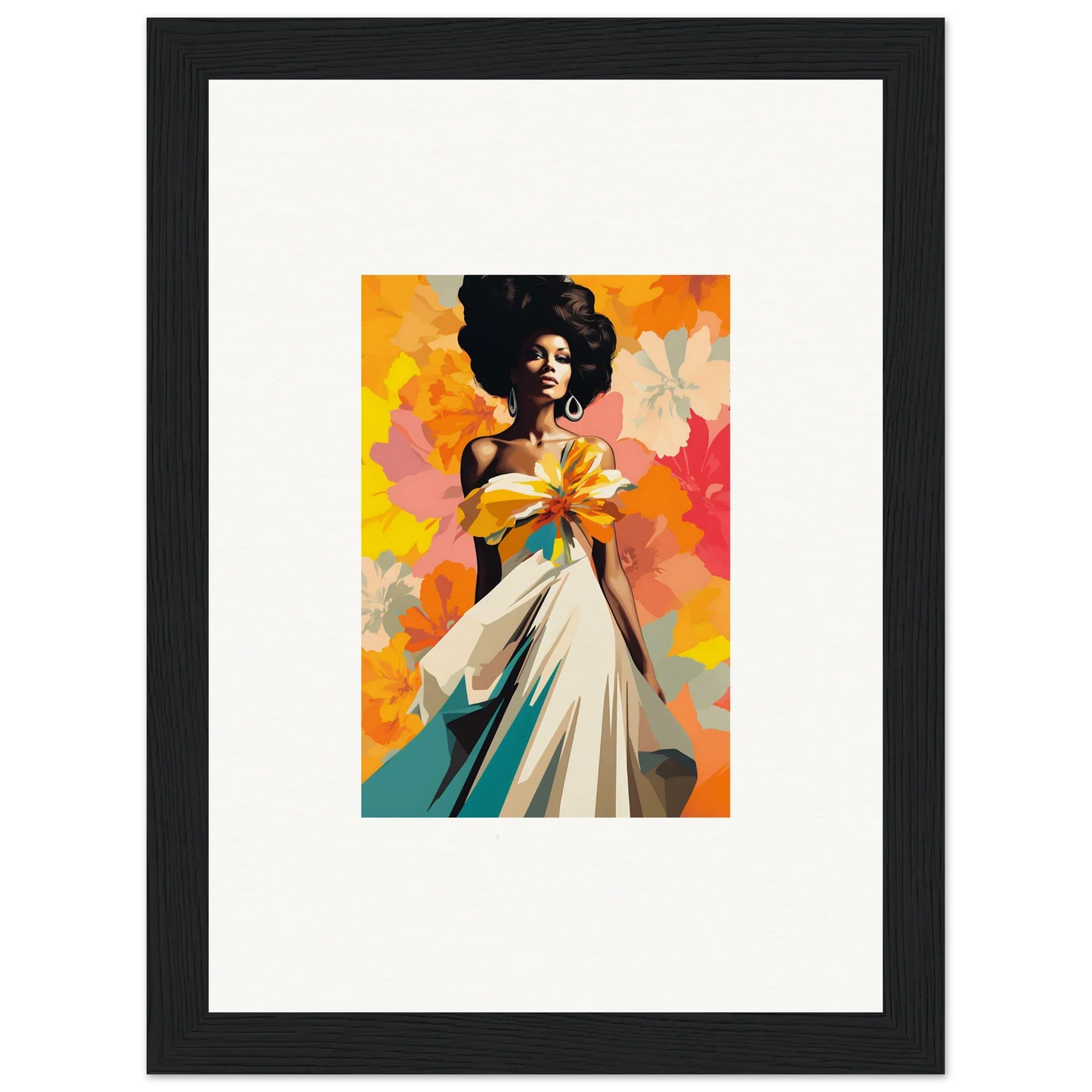 Framed Ecstasy Kaleidoscope Draped artwork with a figure in a white dress and colorful swirls