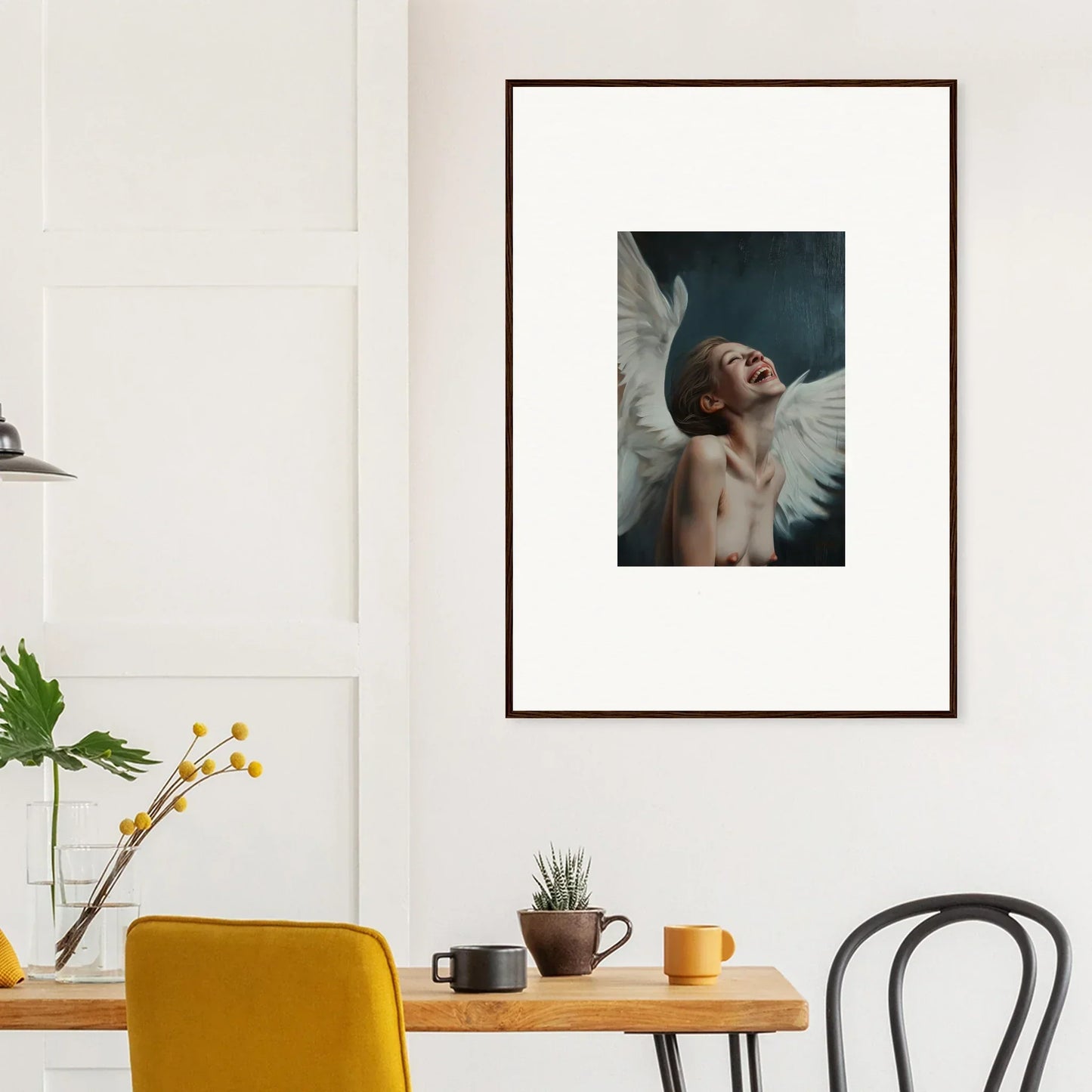 Framed wall art of a person with angel wings, perfect for room decor and wing time