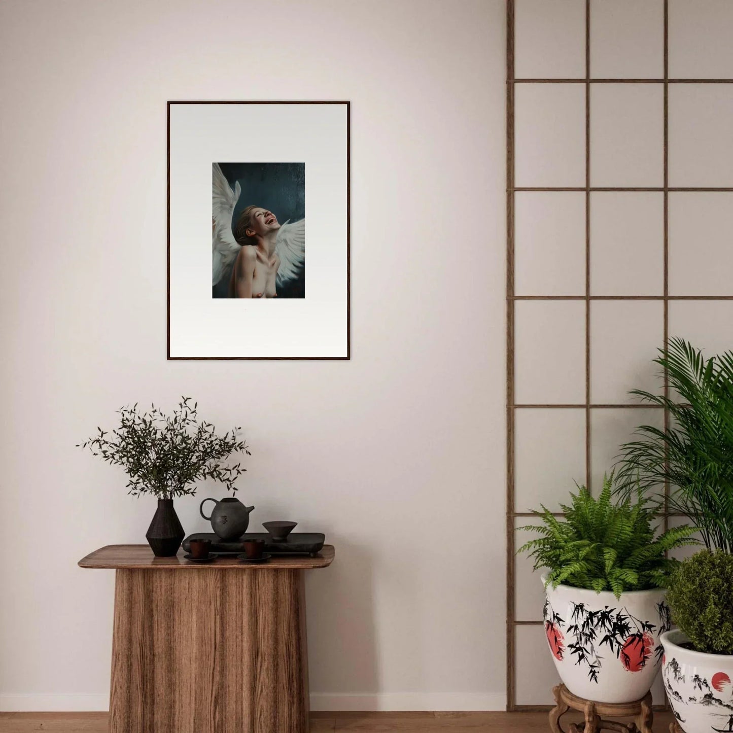 Framed wall art of a person with upturned face in Ecstasy Wing Time room decor