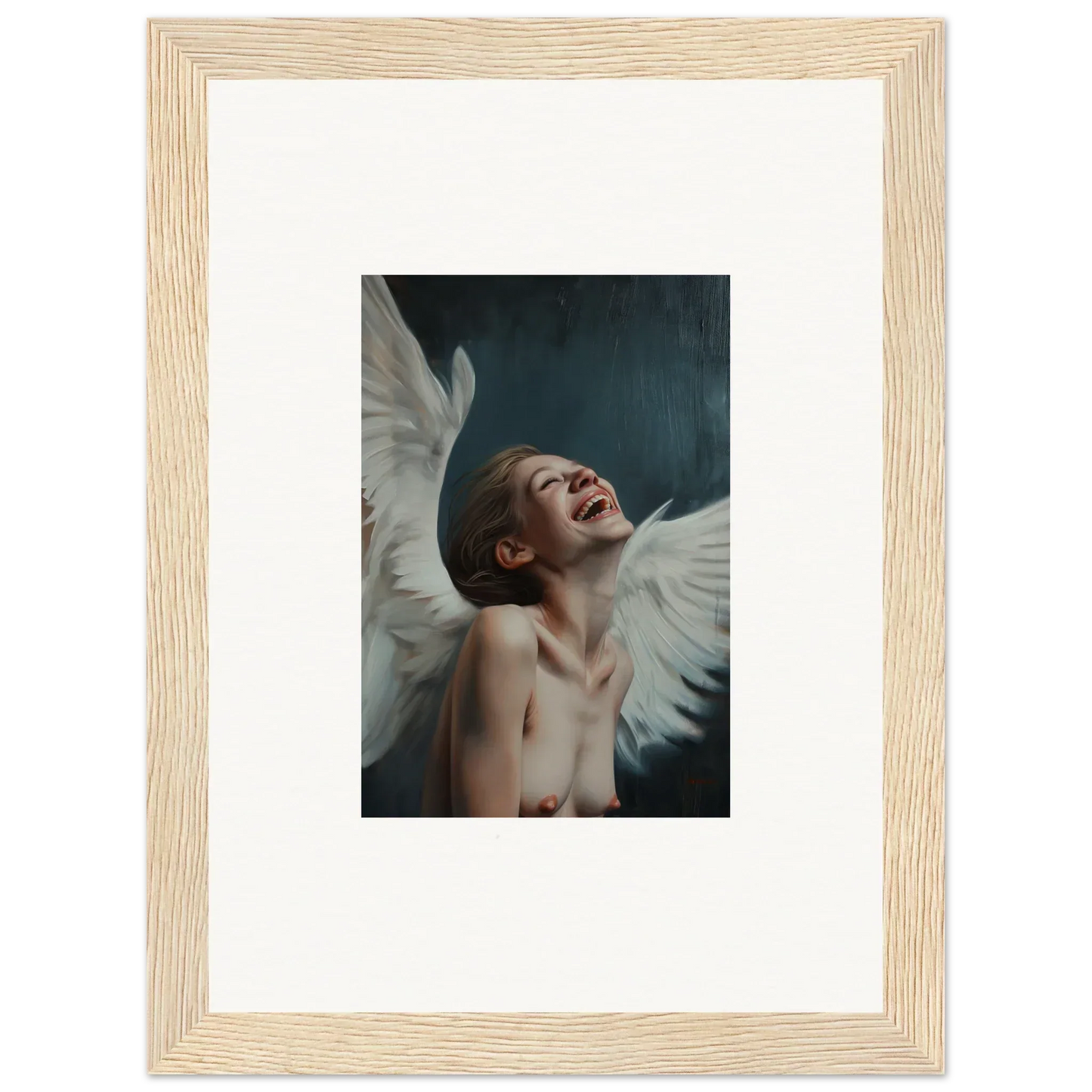 Framed wall art of a joyful person with white wings for unique room decor