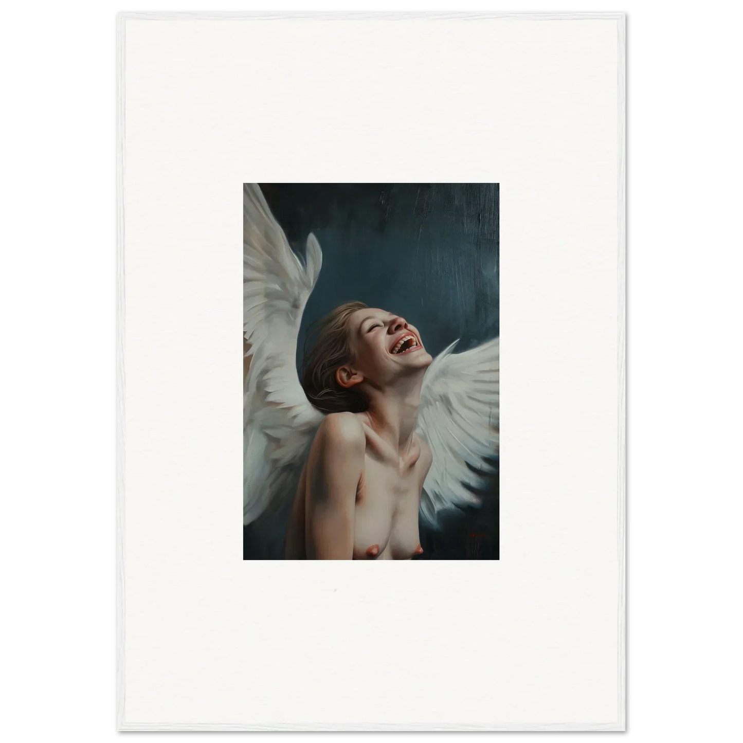 Portrait of a figure with white wings in an ecstatic pose for stunning room decor