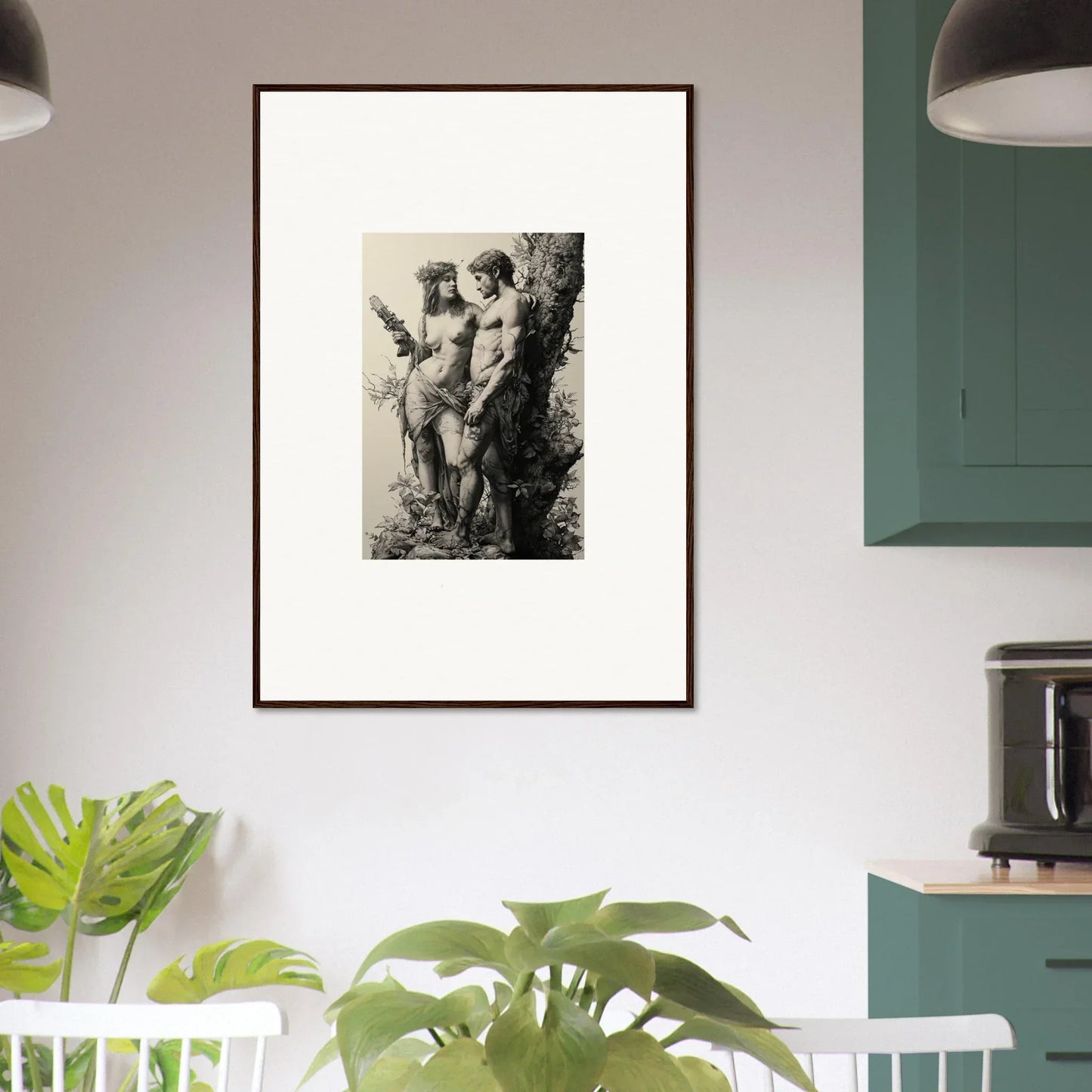 Framed black and white ethereal entwining artwork of nude figures beside a tree for room decor