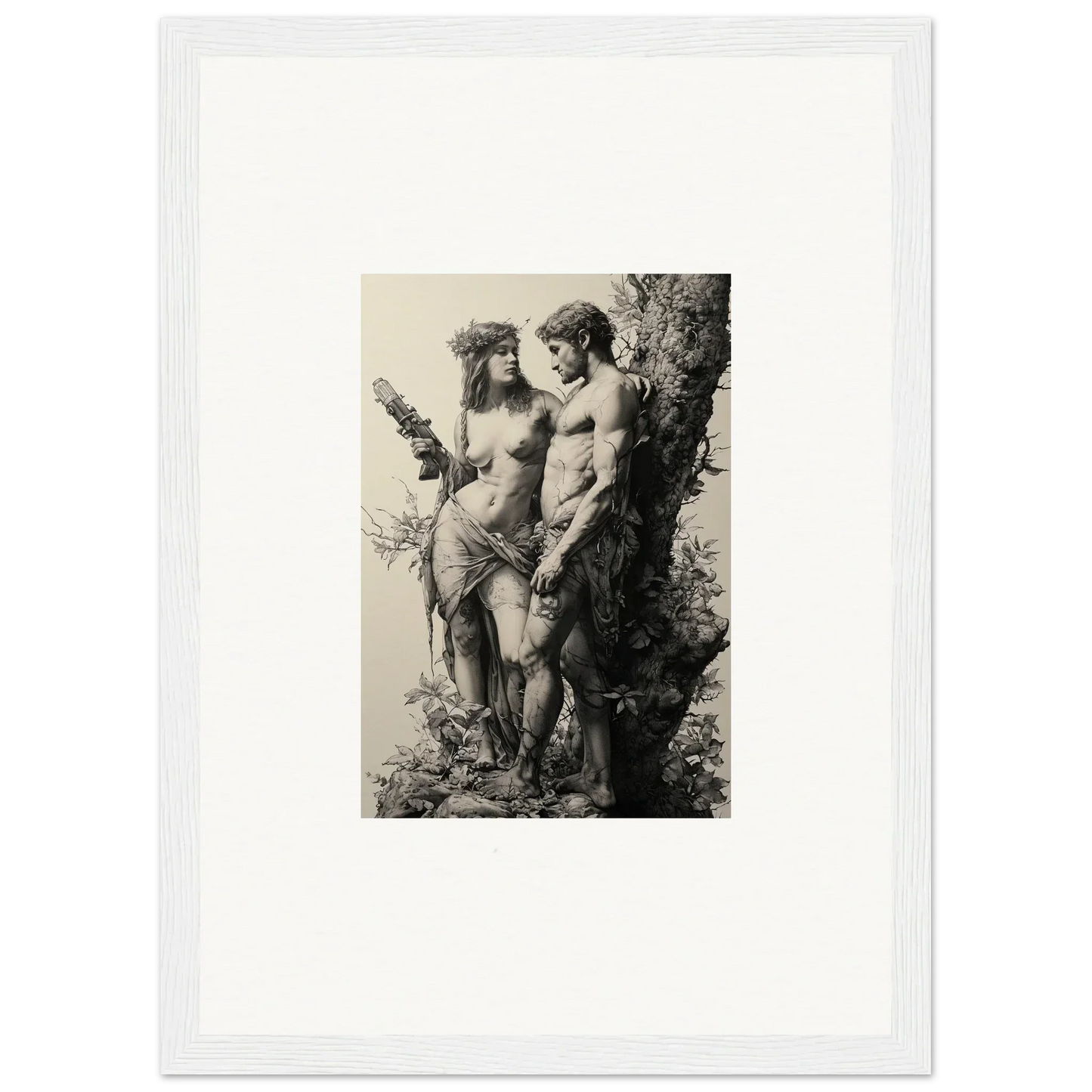 Black and white nude figures entwined against a tree, ideal for ethereal room decor