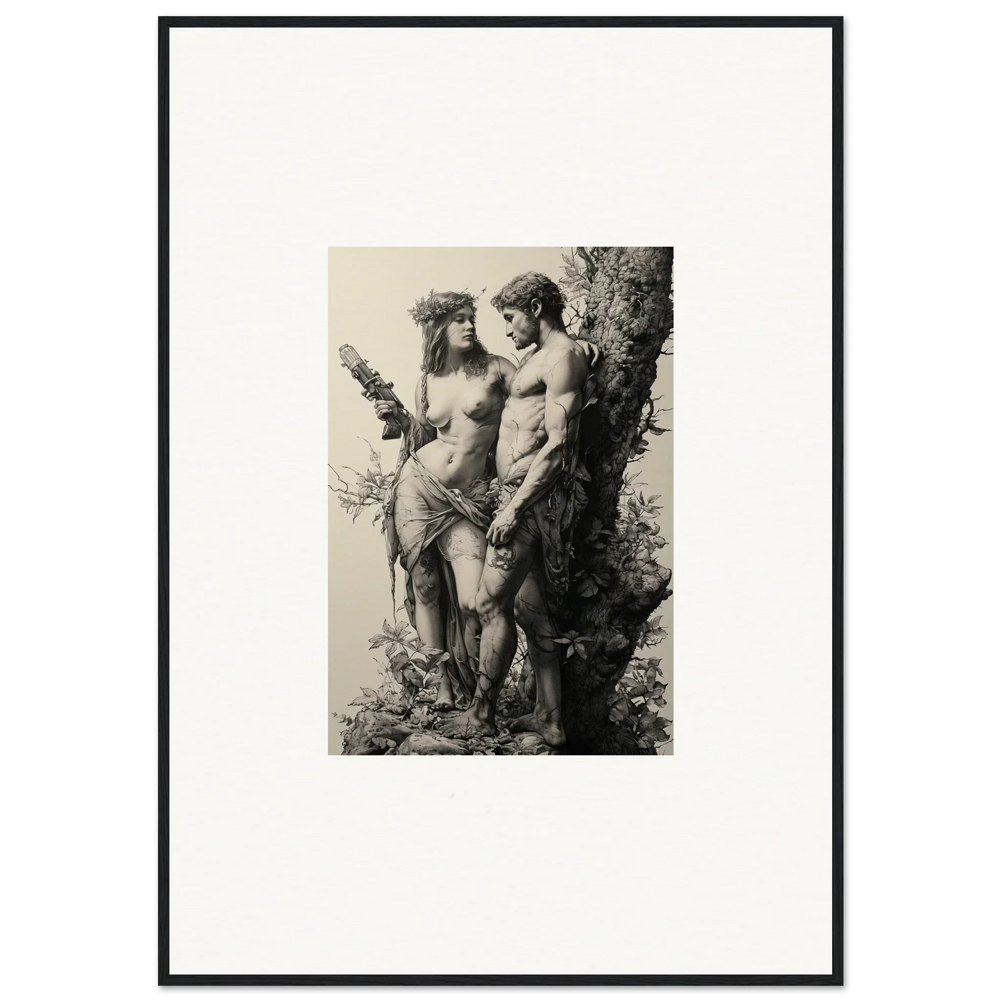Framed black and white wall art of ethereal entwining figures in lush foliage