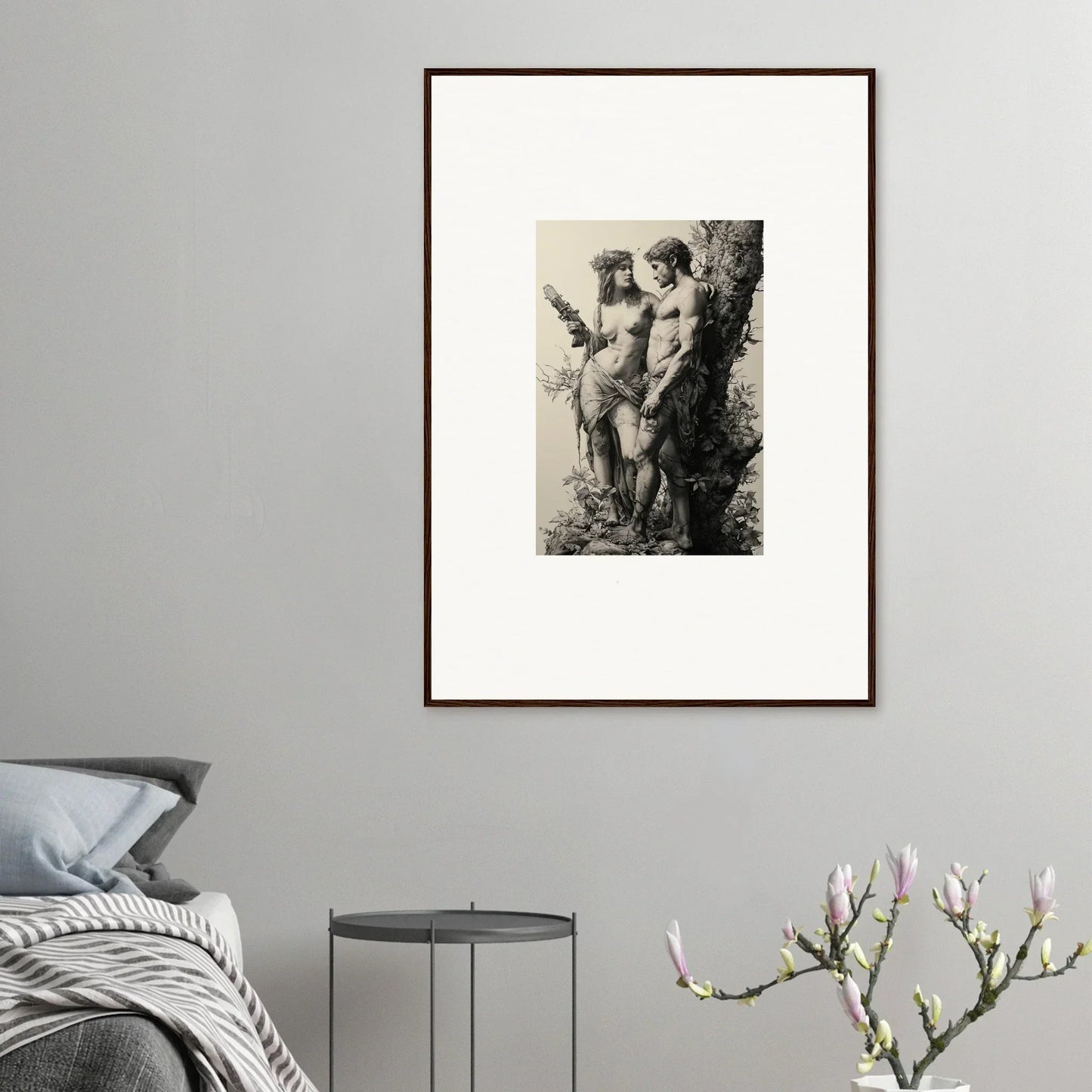 Framed wall art of ethereal entwining nude figures in a serene natural setting