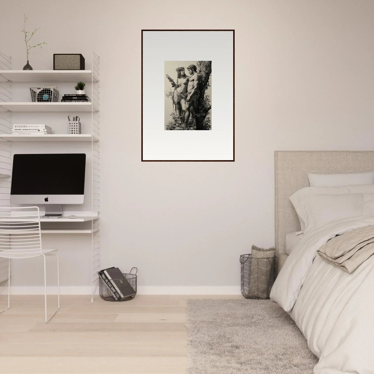 Minimalist bedroom with white walls featuring ethereal entwining framed wall art