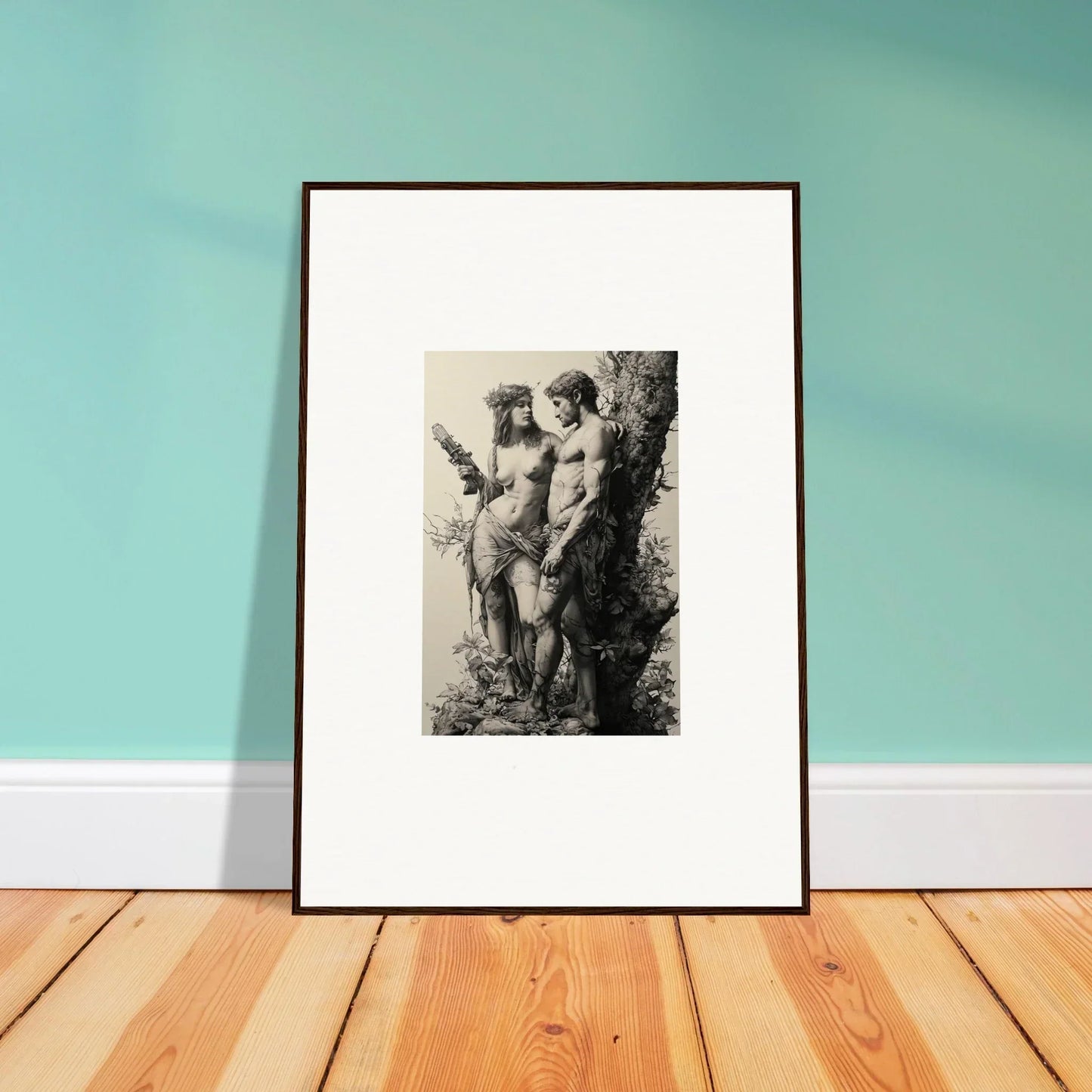 Framed black and white print of ethereal entwining nude figures for room decor