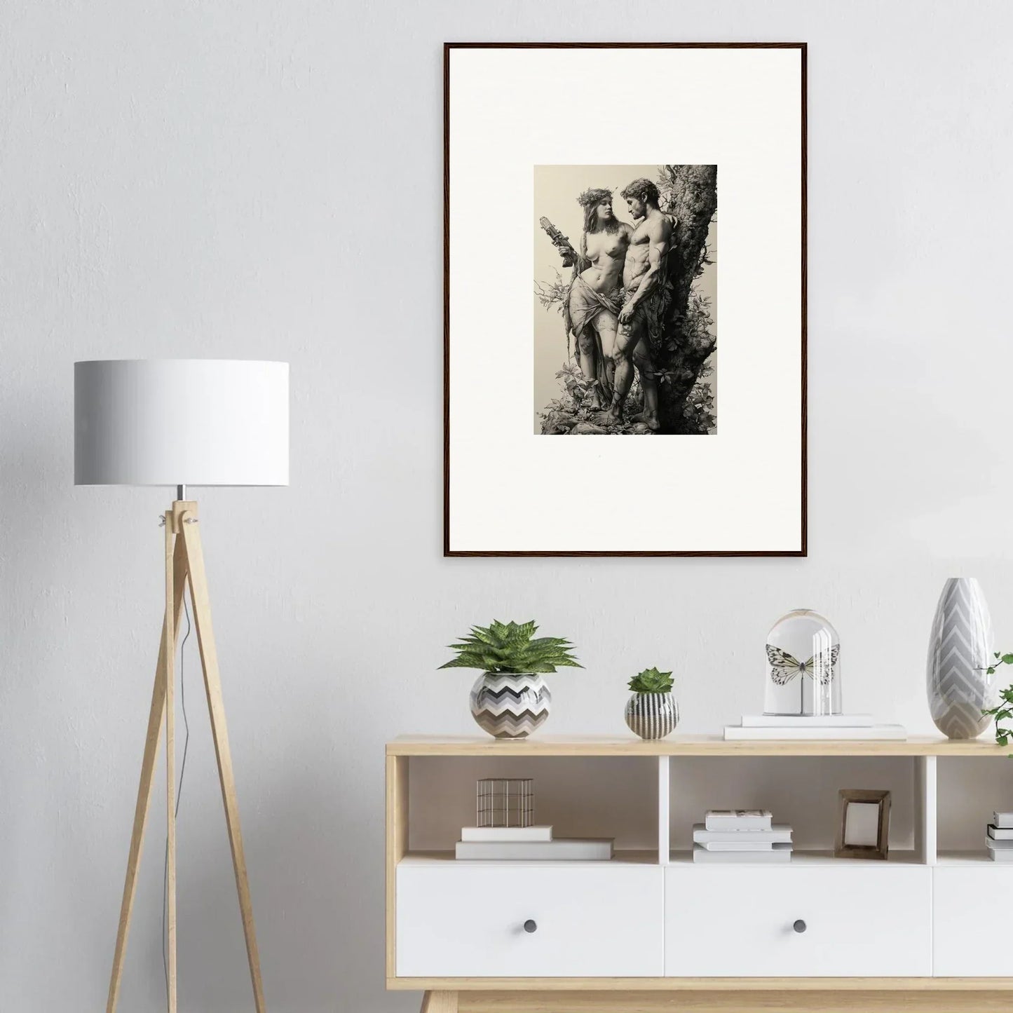 Framed black and white sketch of three nude figures for ethereal entwining room decor
