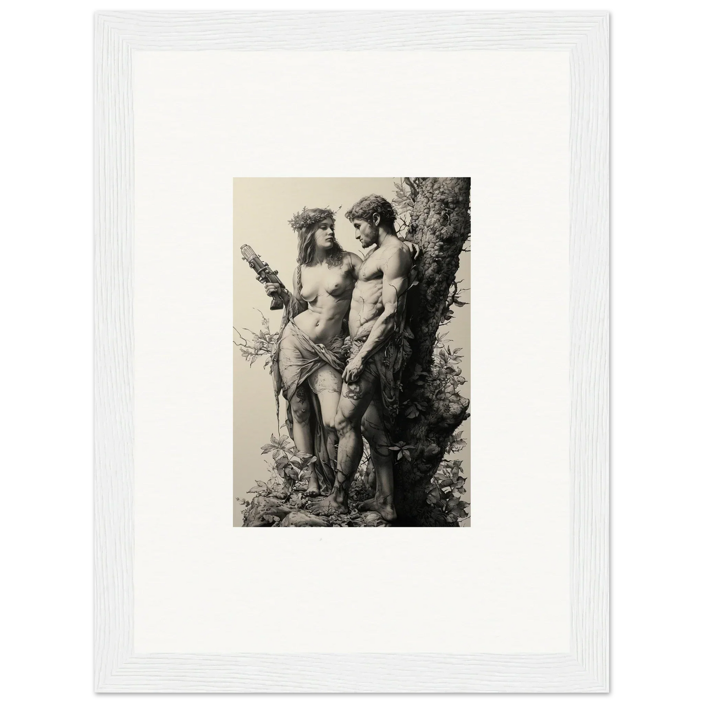 Black and white ethereal entwining artwork of nude figures, ideal for room decor