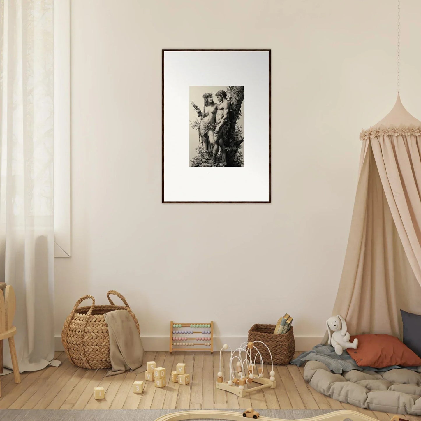 Framed black and white artwork of nude figures, perfect for ethereal entwining room decor