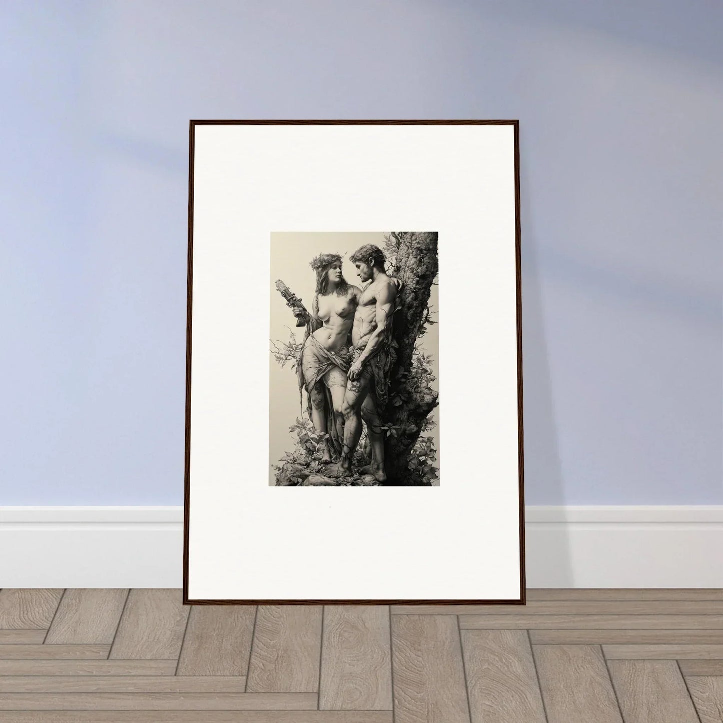 Framed black and white artwork of ethereal entwining nude figures for room decor