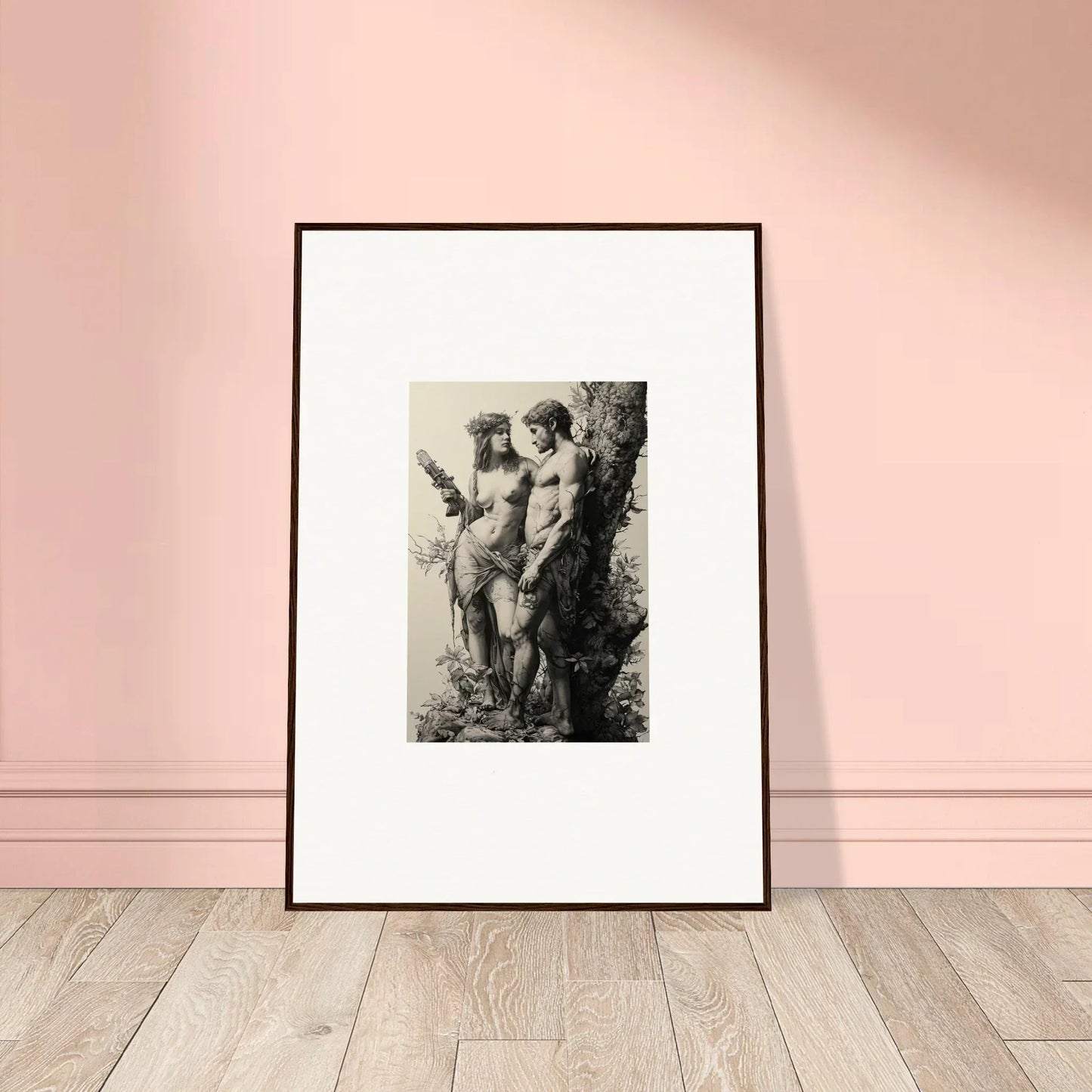 Framed black and white artwork of ethereal entwining nude figures for elegant room decor