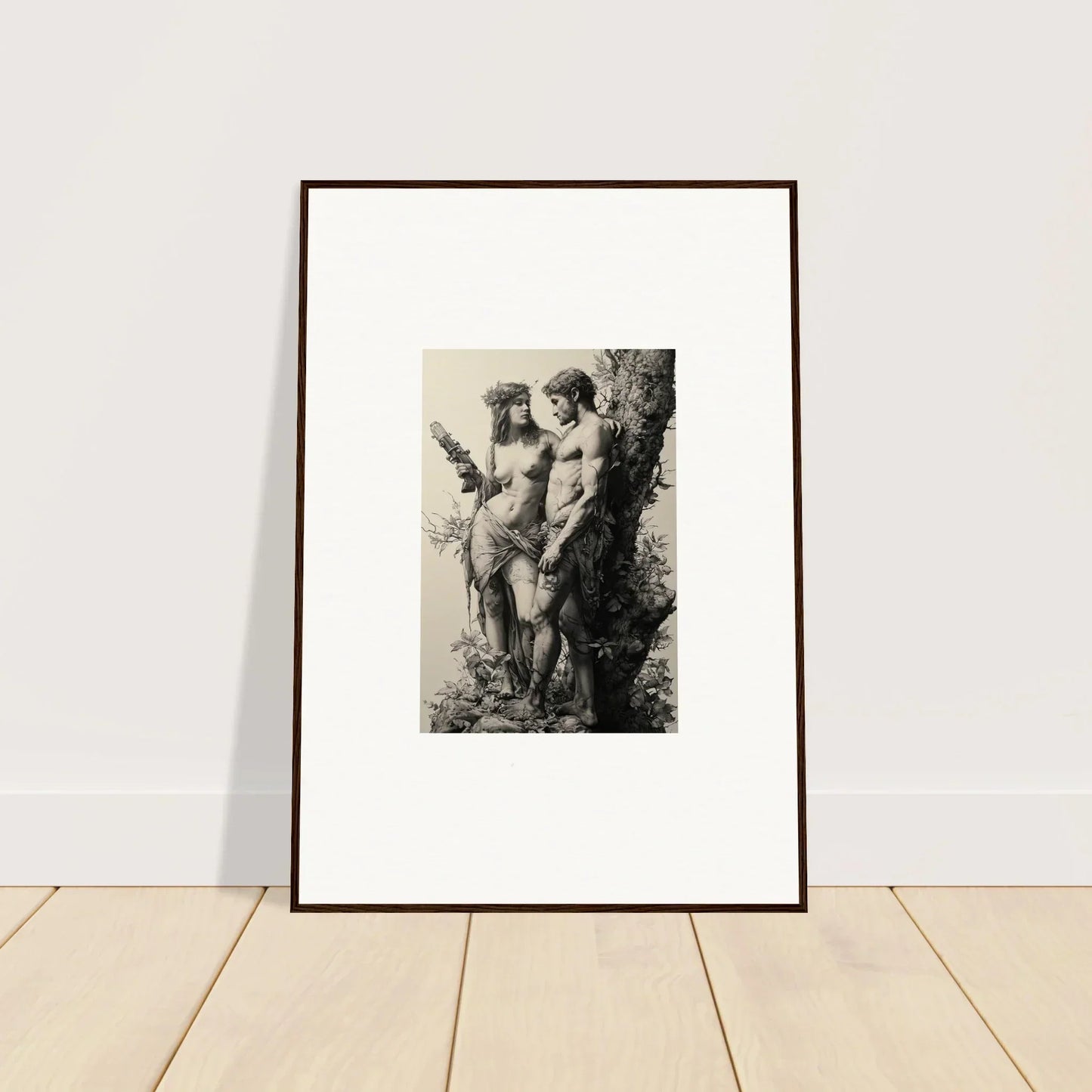 Framed wall art of Ethereal Entwining with nude figures in a natural setting for room decor