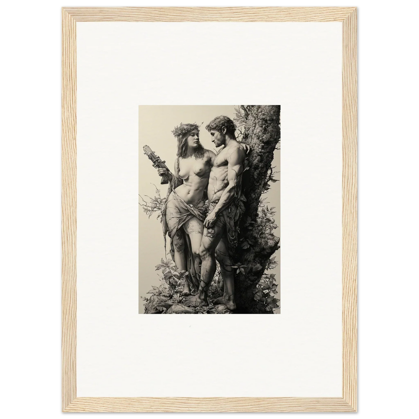 Framed black and white photograph of ethereal entwining figures for room decor