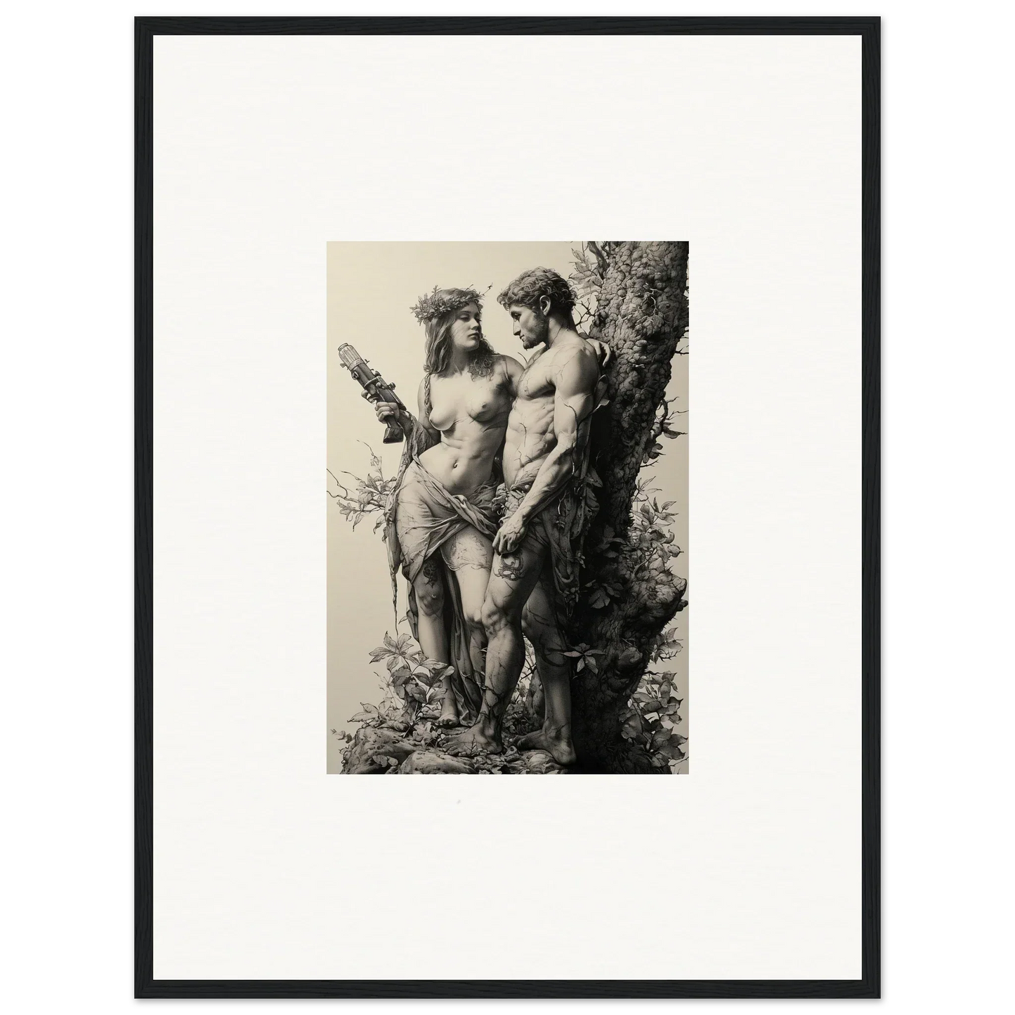 Black and white engraving of nude classical figures for ethereal entwining room decor