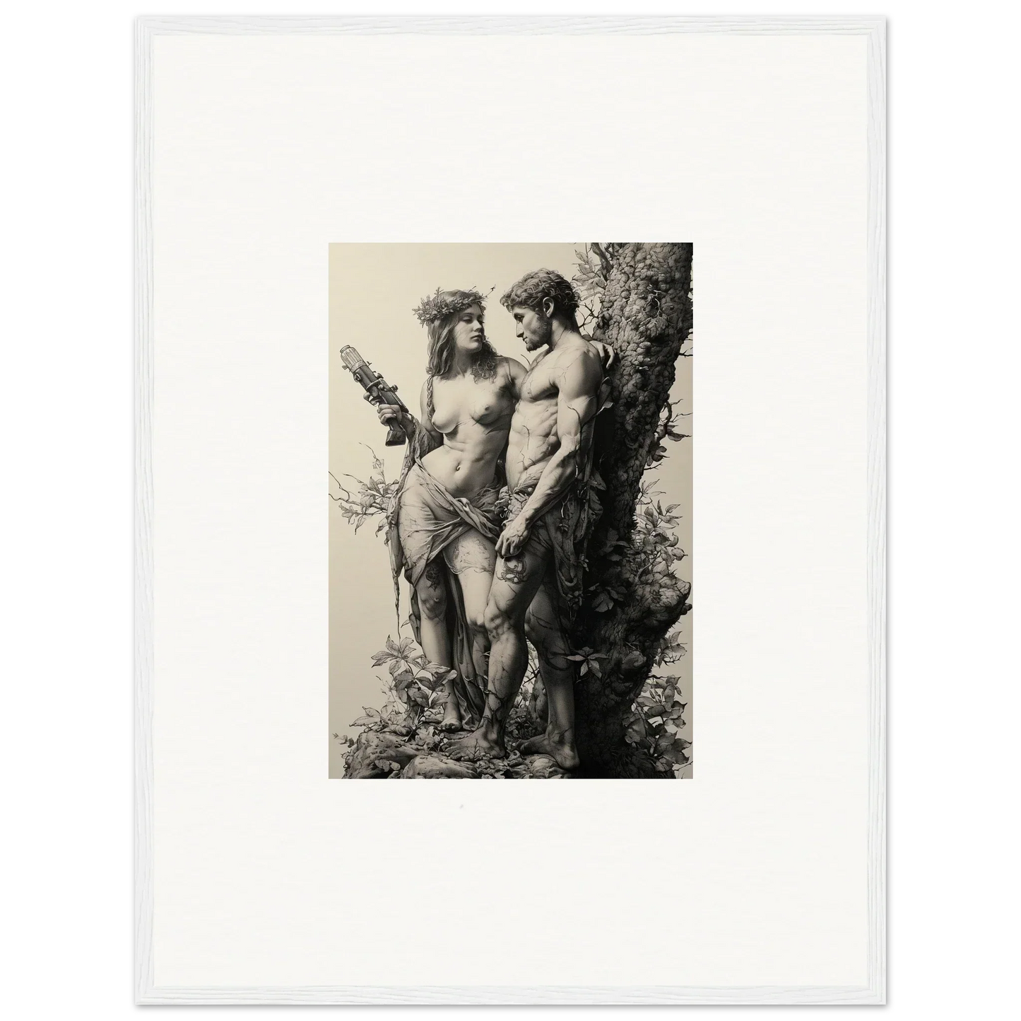 Classical engraving of nude figures in nature, perfect for ethereal entwining room decor