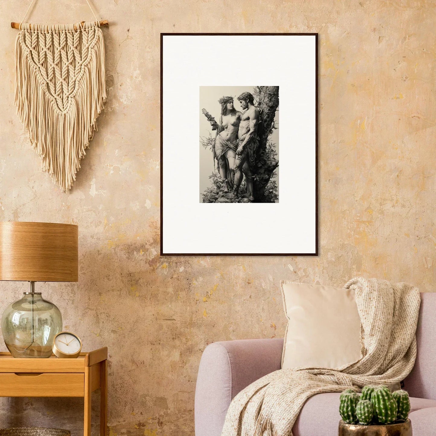 Framed black and white sketch of nude figures by a tree for ethereal entwining room decor