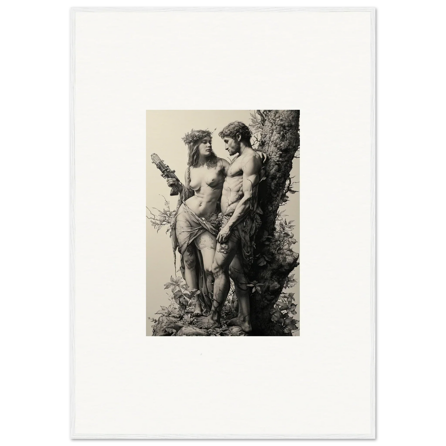 Black and white nude figures against a tree for ethereal entwining wall decor