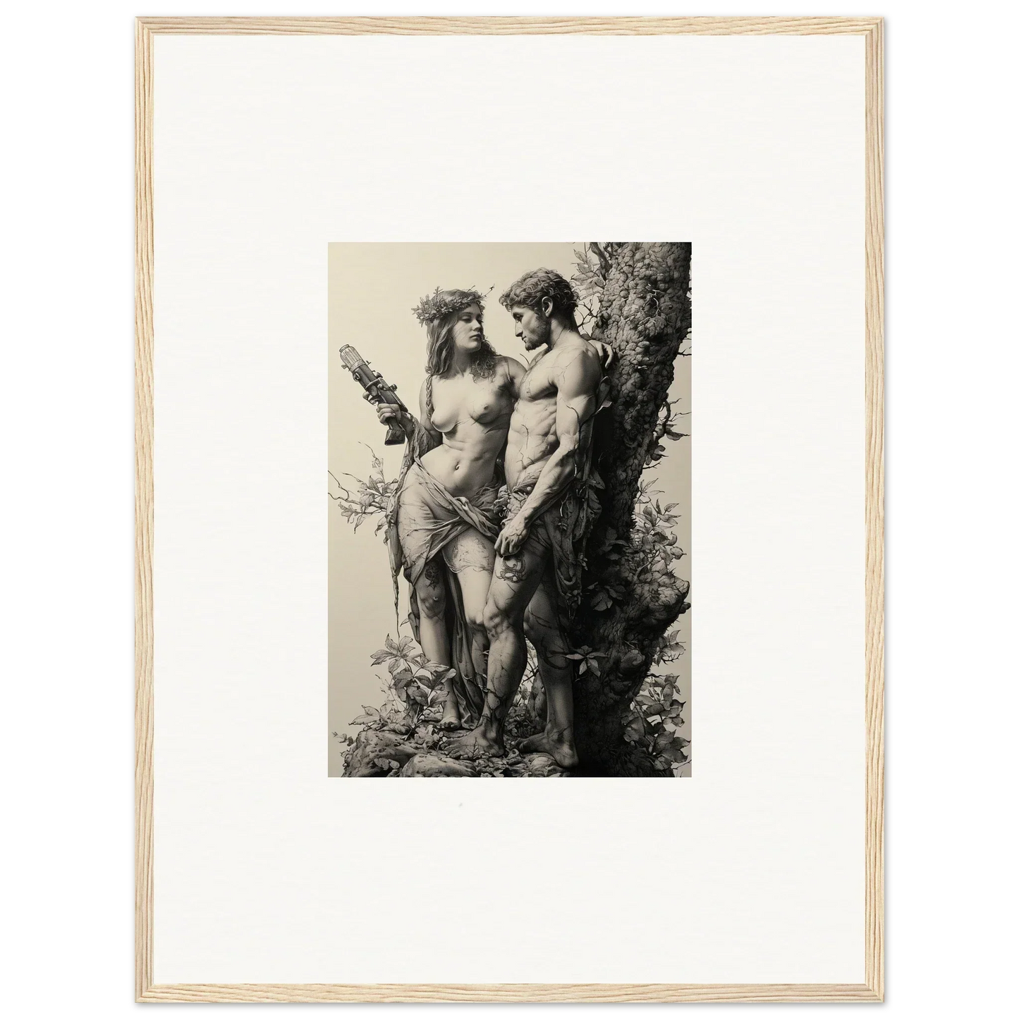 Black and white print of nude classical figures in nature for ethereal entwining room decor