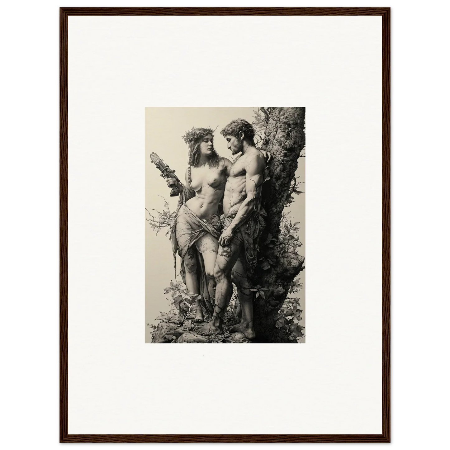 Framed black and white print of ethereal entwining classical figures for room decor