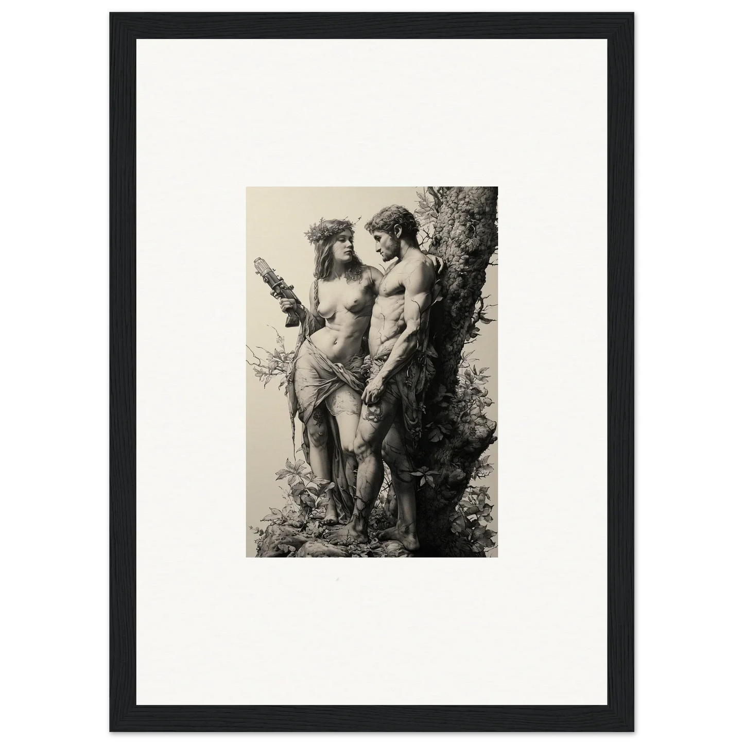 Black and white nude figures against a tree, perfect for ethereal entwining room decor