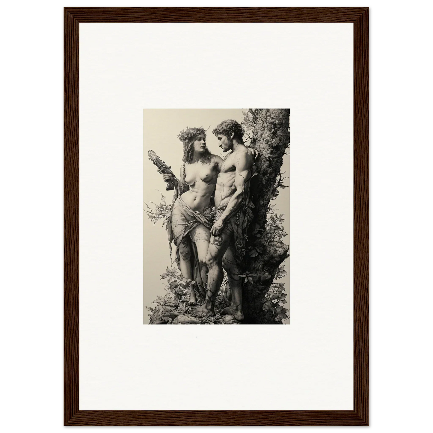 Framed black and white artwork of ethereal entwining figures for elegant room decor