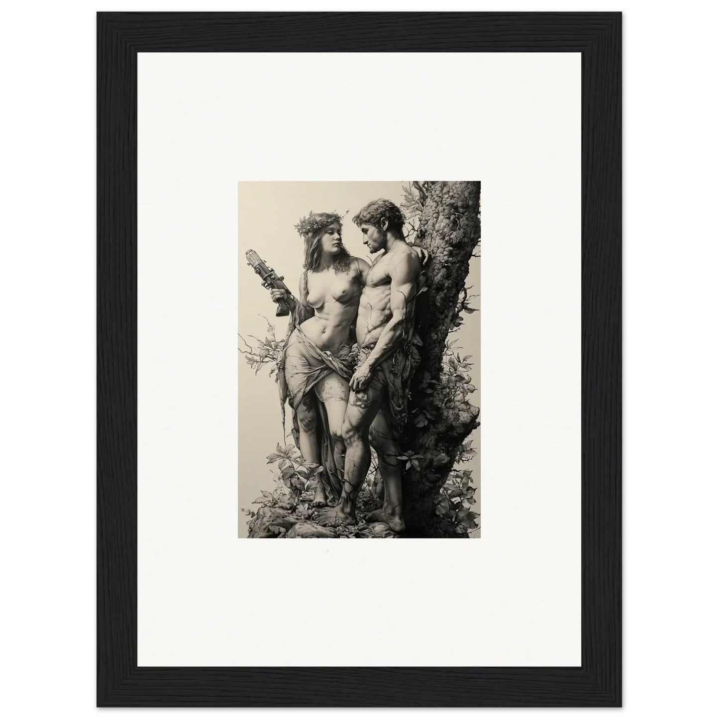Framed black and white print of nude figures near a tree for ethereal entwining room decor